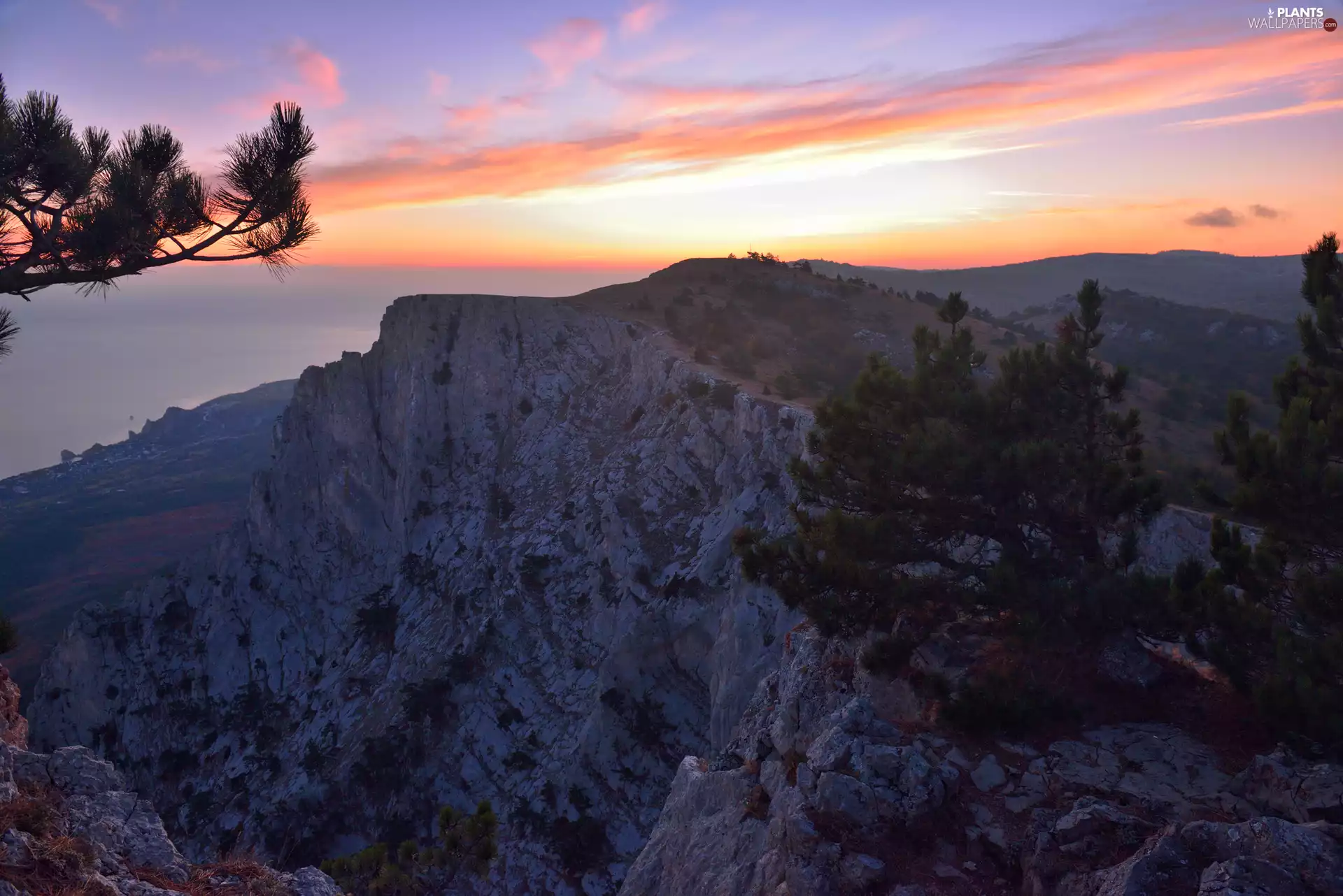 viewes, Great Sunsets, mountains, trees, rocks