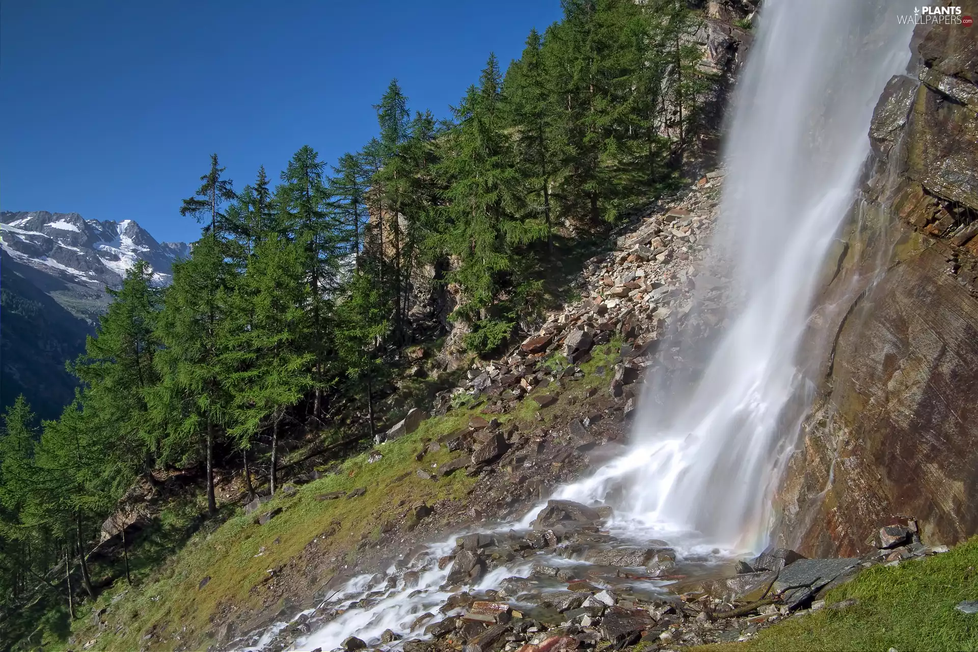 viewes, Mountains, Rocks, trees, waterfall