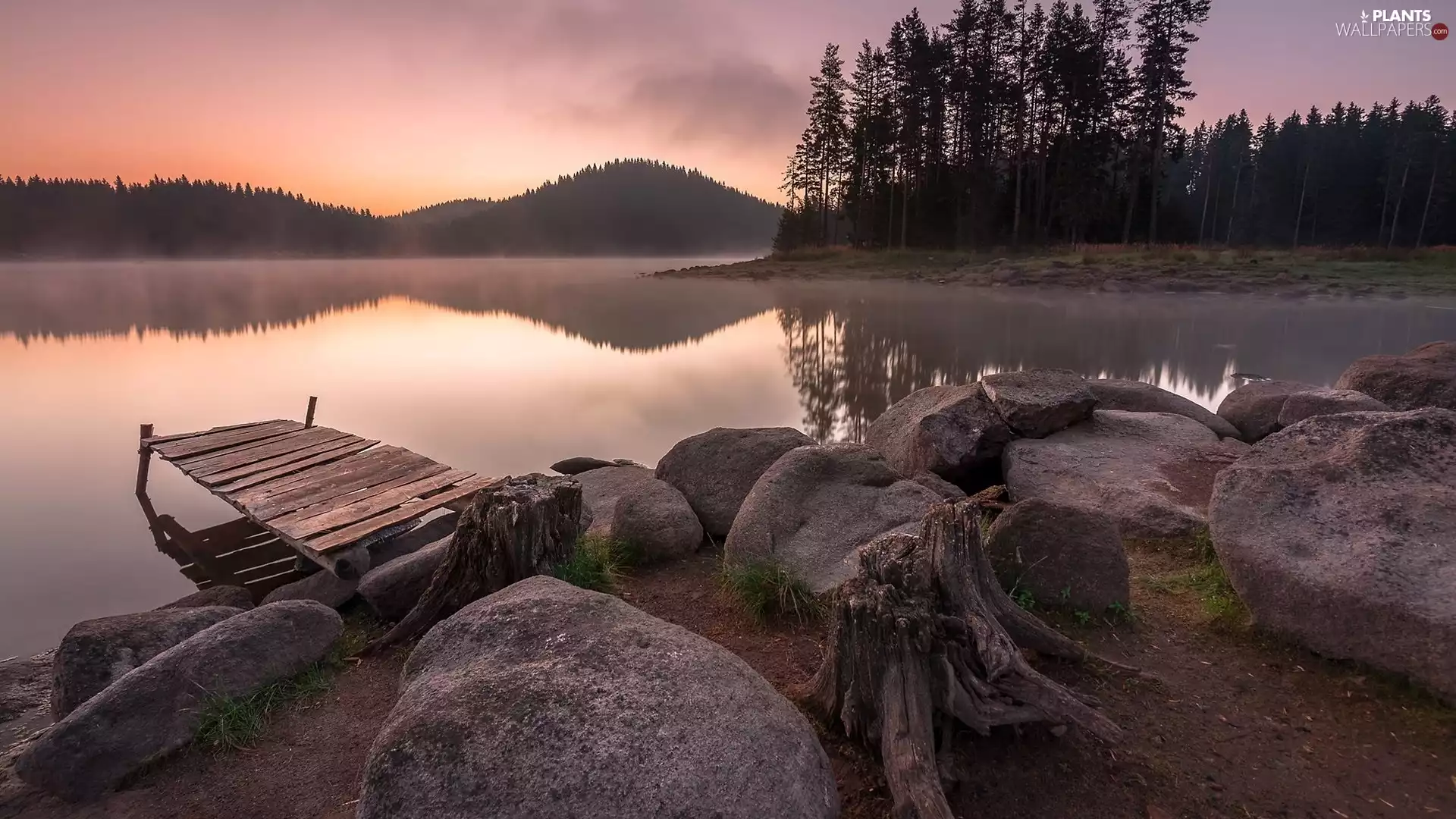 Platform, lake, viewes, mountains, trees, Stones