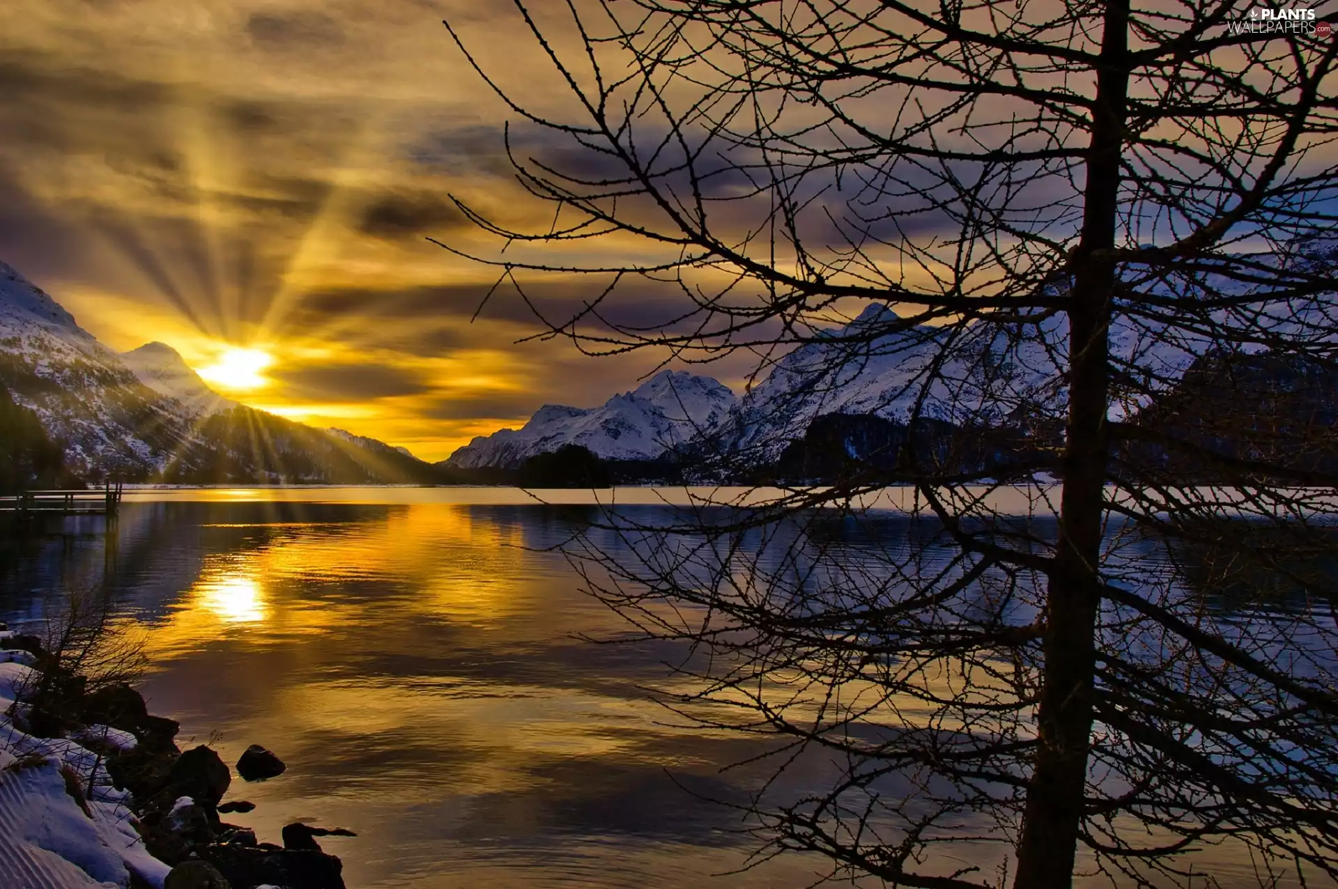snow, lake, Sunrise, Mountains, winter, trees, rays