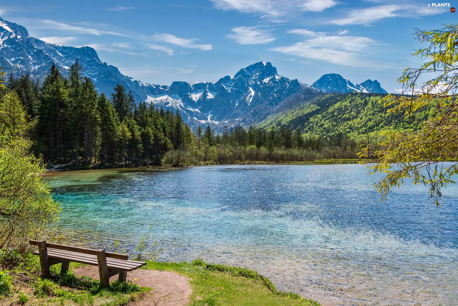 lake, Mountains, trees, viewes, Bench