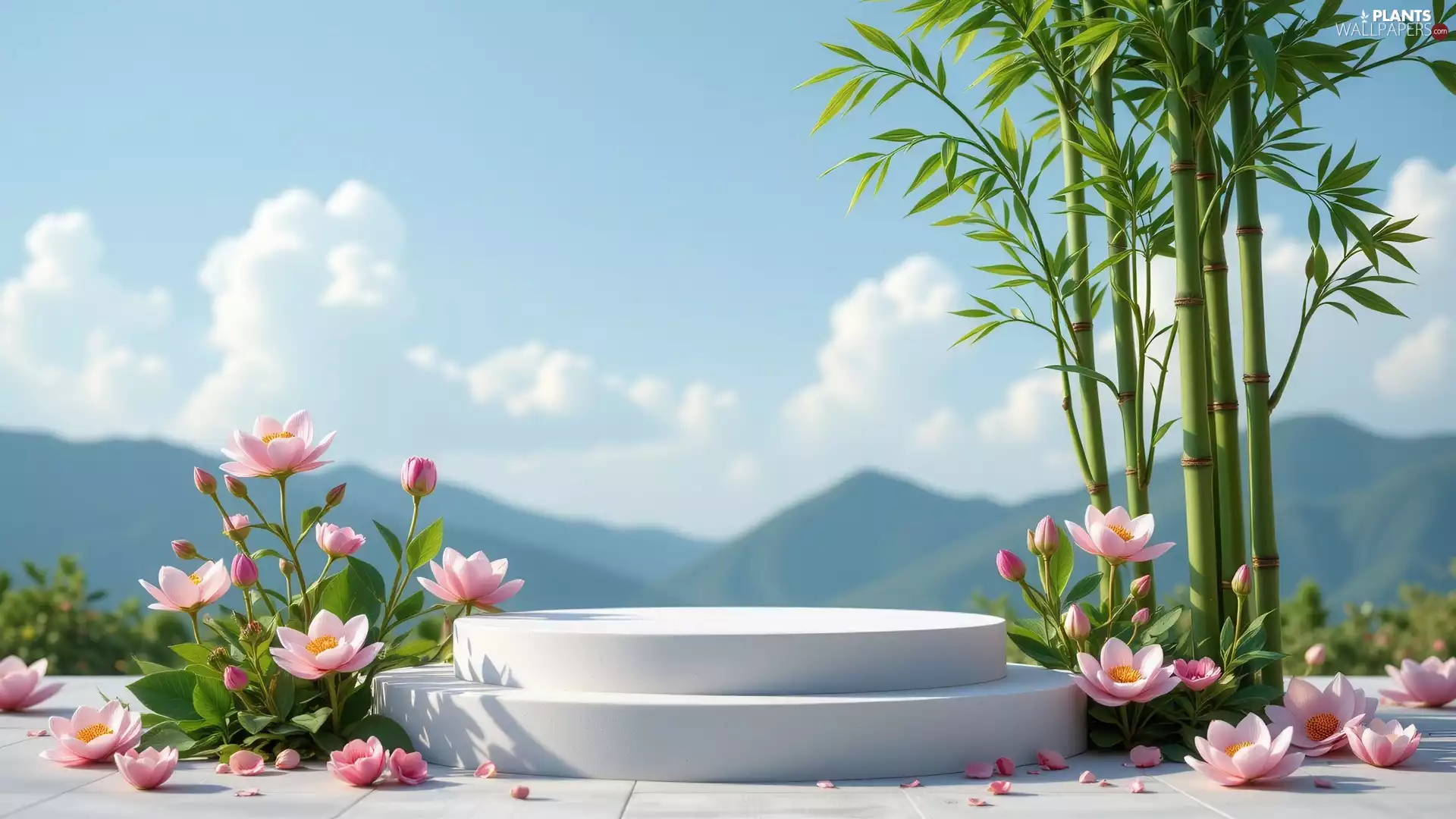 bamboo, Platform, lotuses, Mountains, Flowers, trees