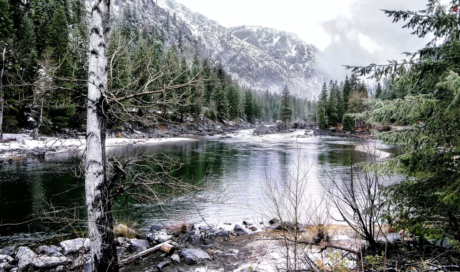 Snowy, River, viewes, Mountains, winter, trees, Stones