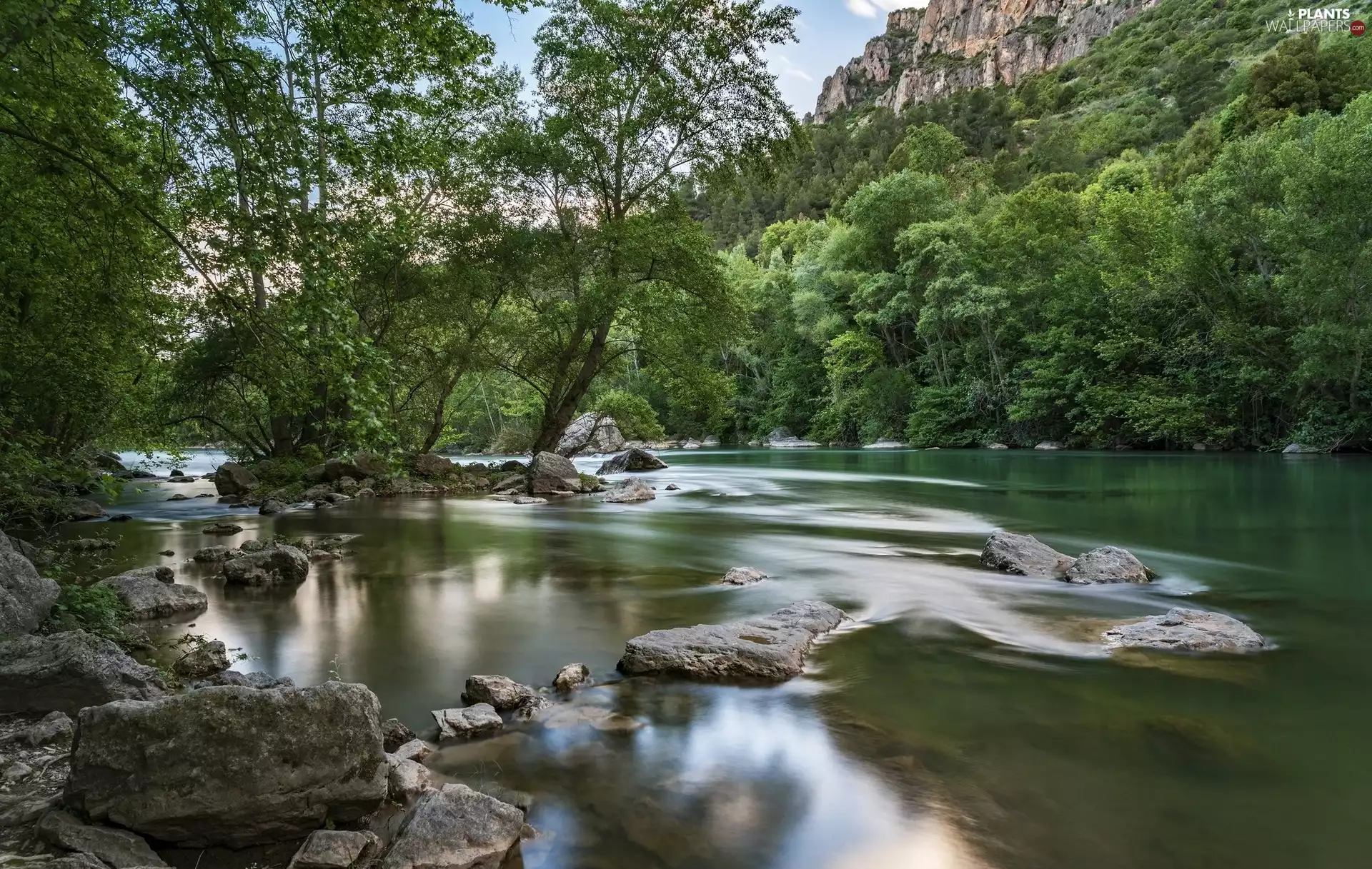 Stones, Spain, viewes, Mountains, trees, River Segre