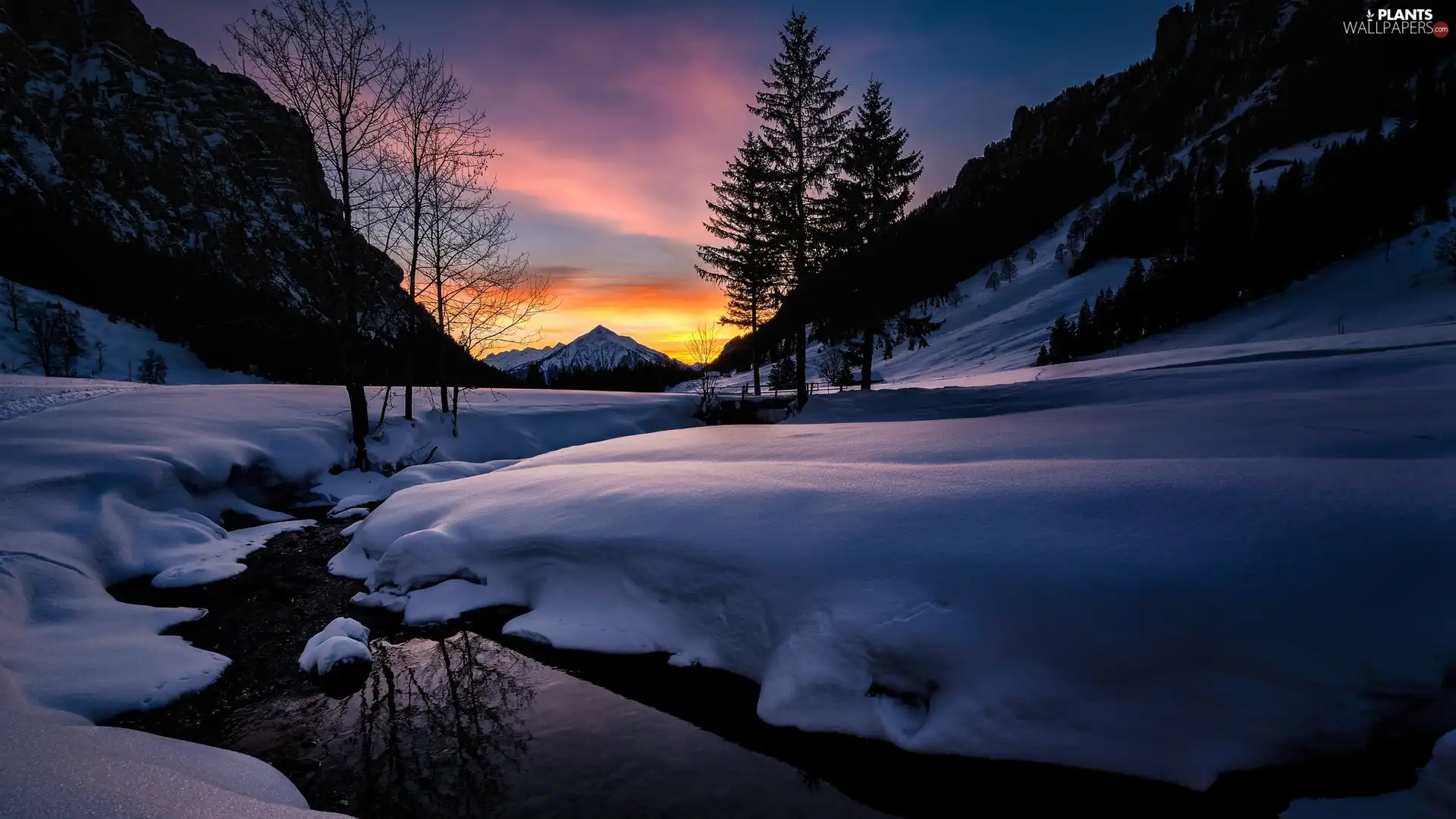 River, Sunrise, viewes, Mountains, winter, trees, snow