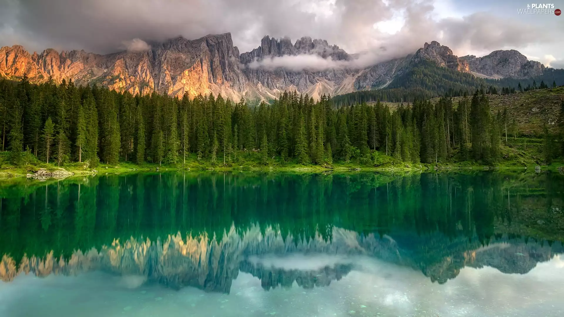 Alps, lake, forest, Dolomites, viewes, Italy, South Tyrol, Mountains, Lago di Carezza, clouds, trees