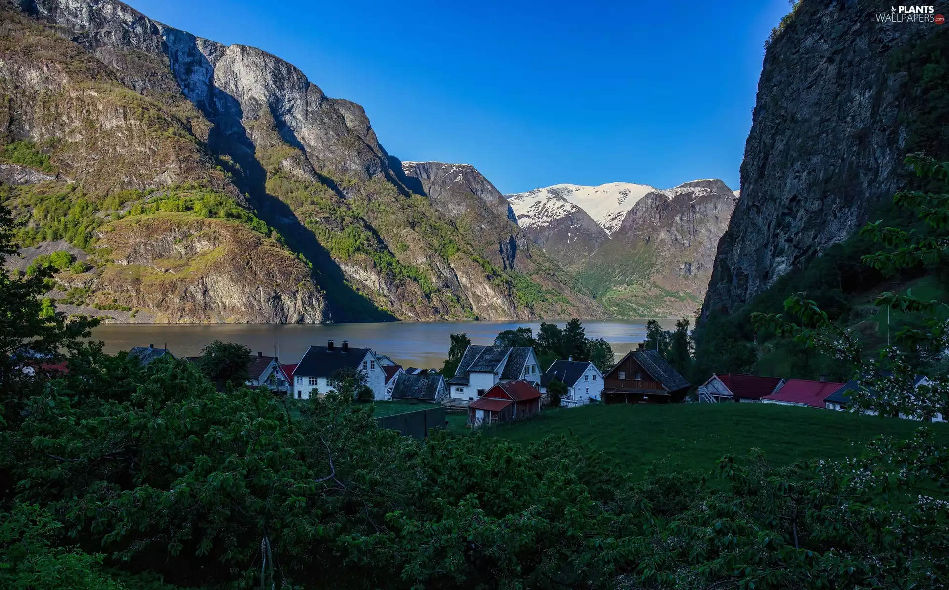 lake, Mountains, viewes, Houses, trees