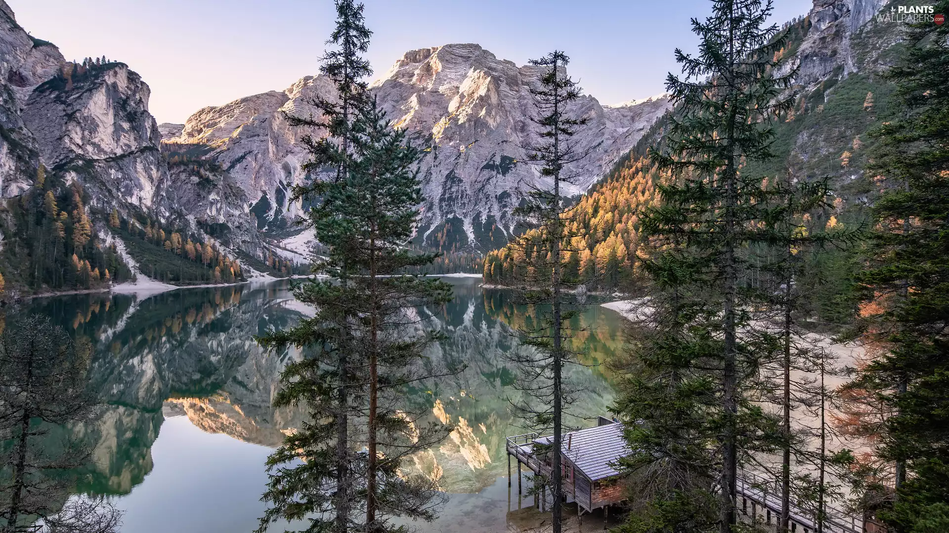 Mountains, Dolomites, Italy, trees, house, Pragser Wildsee, lake, viewes