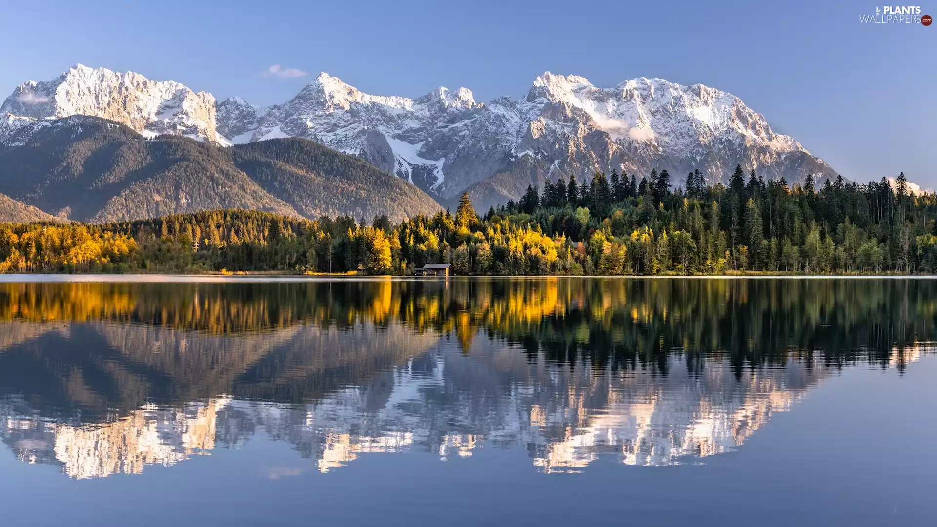 Mountains, lake, Karwendel, trees, Germany, reflection, woods, Bavaria, viewes