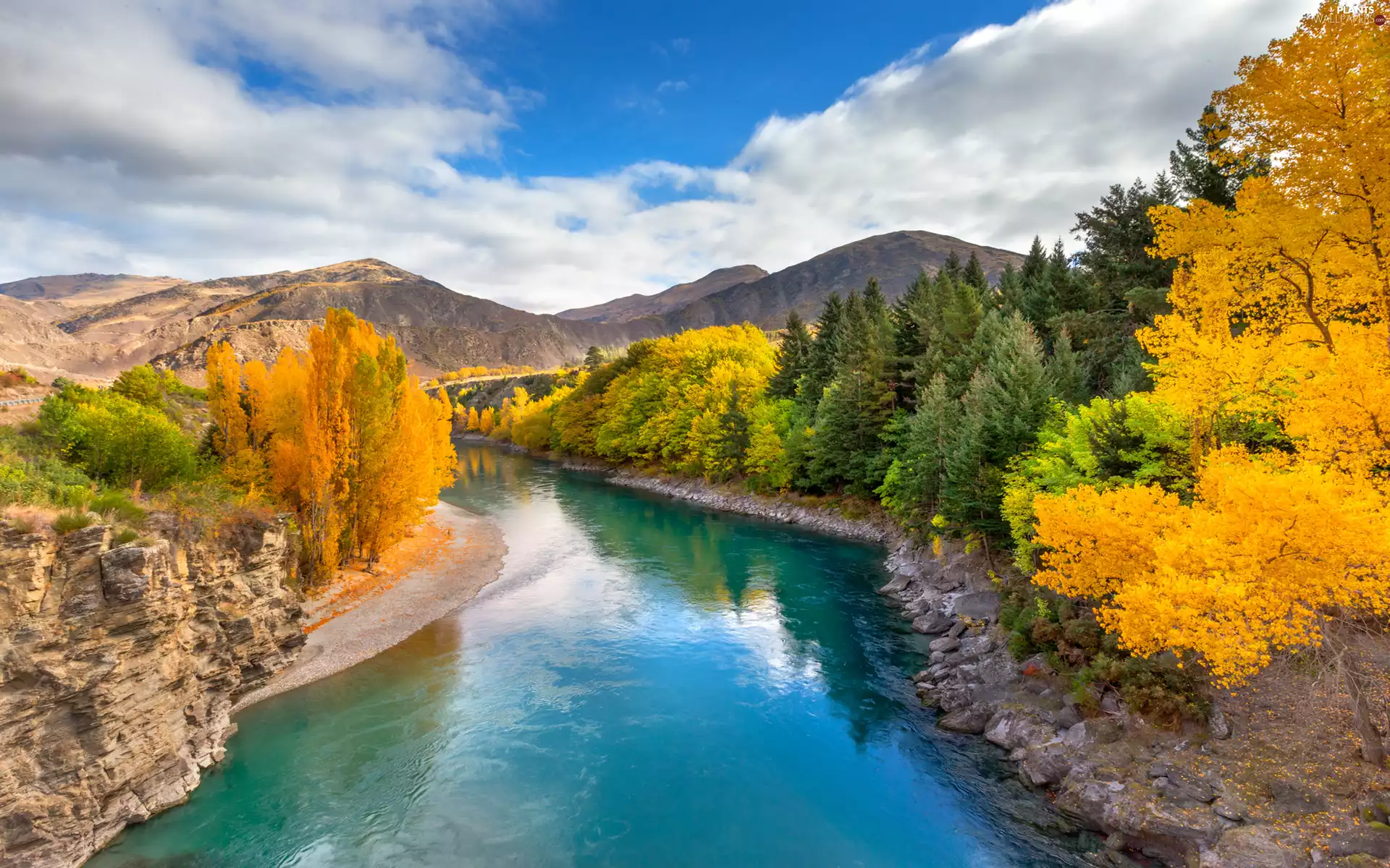 Mountains, Queenstown, trees, Shotover River, New Zeland, autumn, viewes