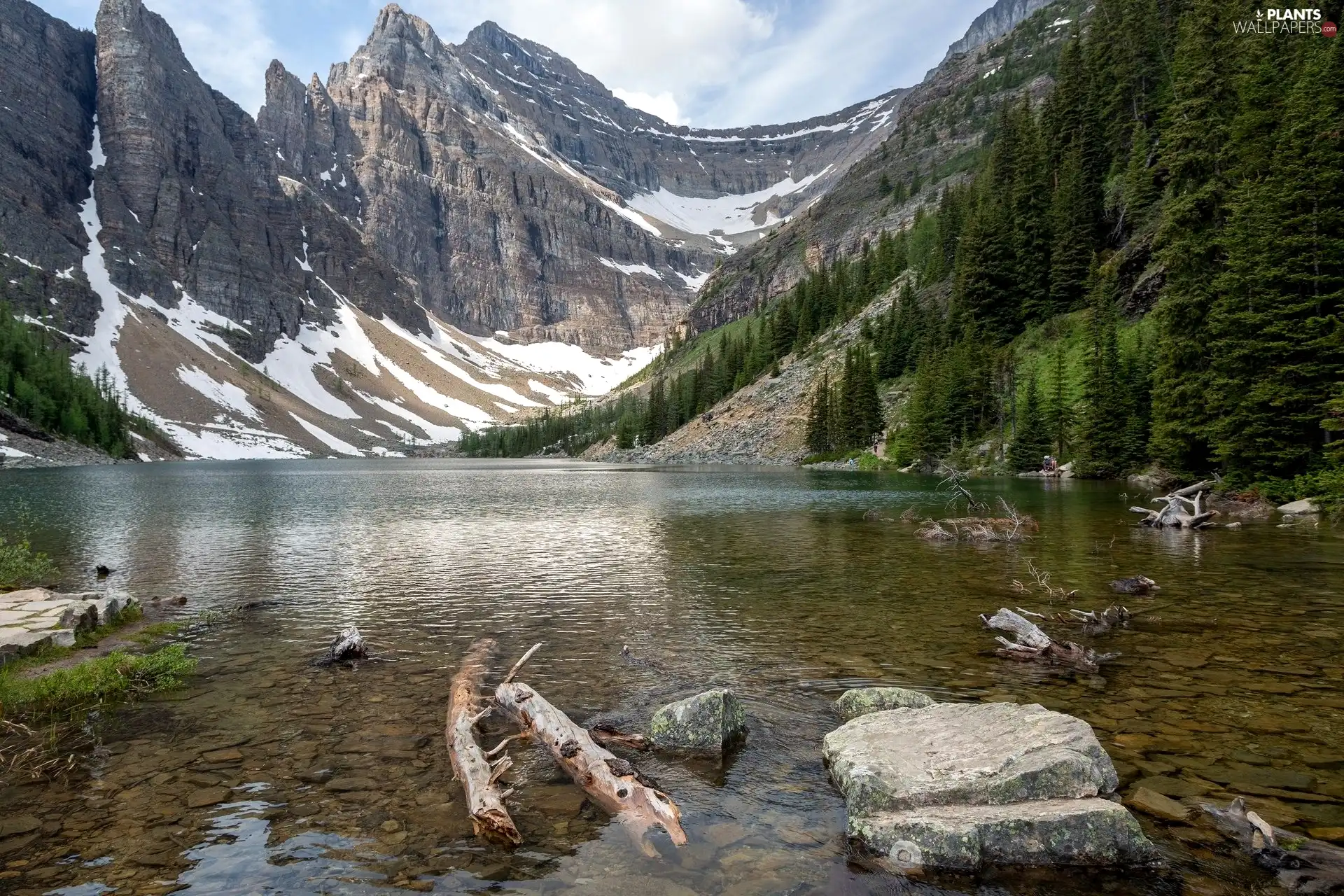 Agnes Lake, Mountains, Banff National Park, trees, Province of Alberta, Canada, Stones, snow, viewes