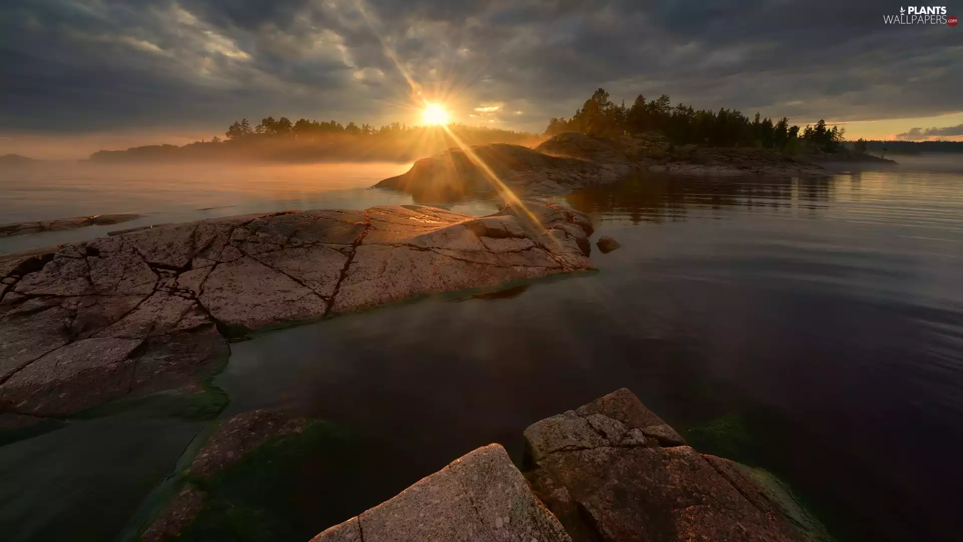 rocks, trees, Russia, viewes, Karelia, Islands, Lake Ladoga, rays of the Sun