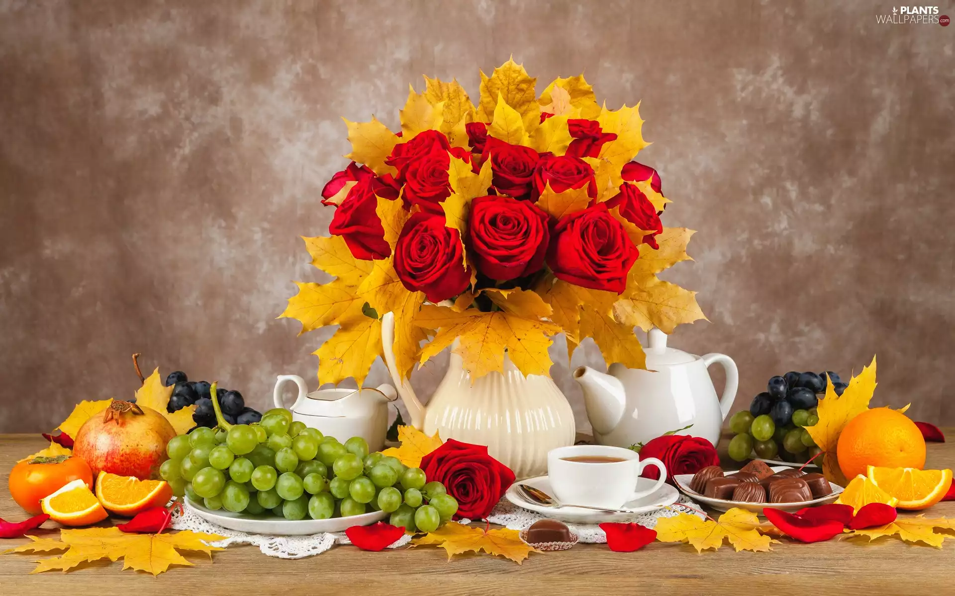 Fruits, bouquet, teaspoon, Chocolates, Grapes, cup, jug, coffee, Leaf, roses, navy blue, composition, Plates, kettle, Kaki, orange