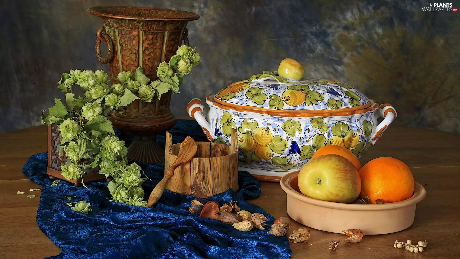 Apple, orange, vase, hop, composition