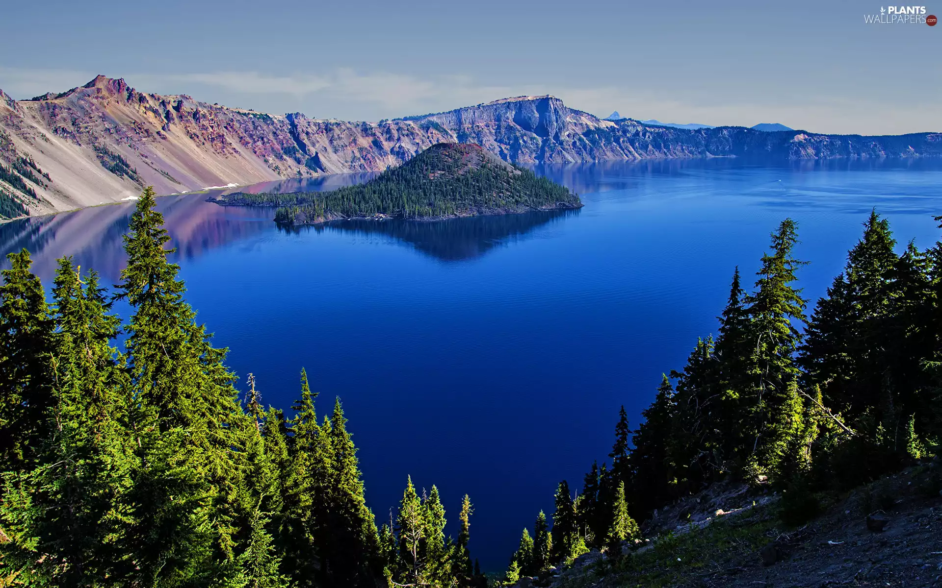 Mountains, trees, The United States, viewes, Oregon, Island of Wizard, Crater Lake, Crater Lake National Park