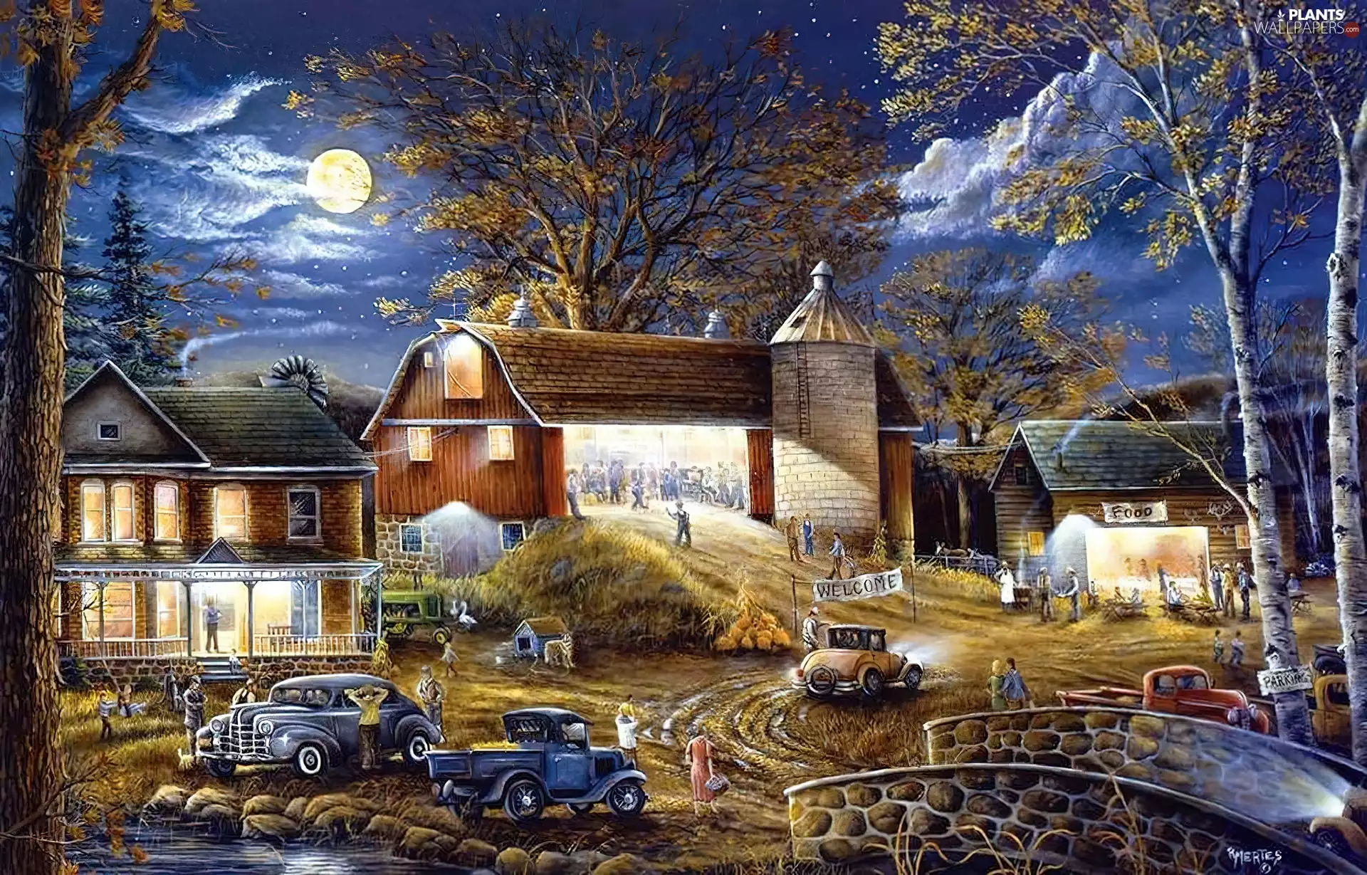 painting, Houses, cars