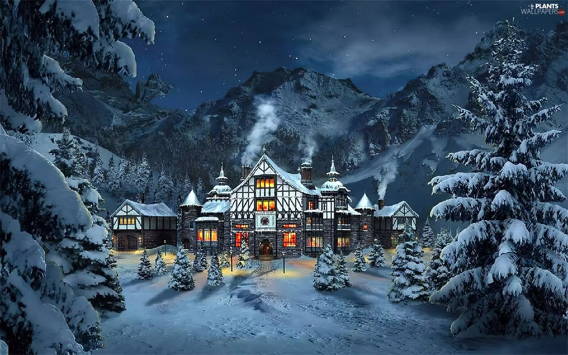 winter, painting, Mountains, Night, house