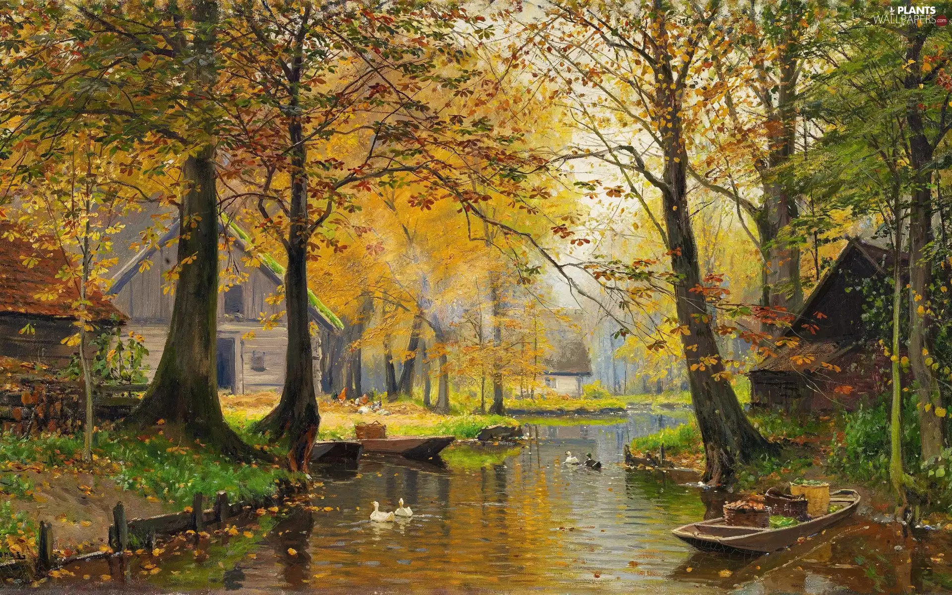 painting, picture, Walter Moras, autumn, viewes, Boat, River, trees, country