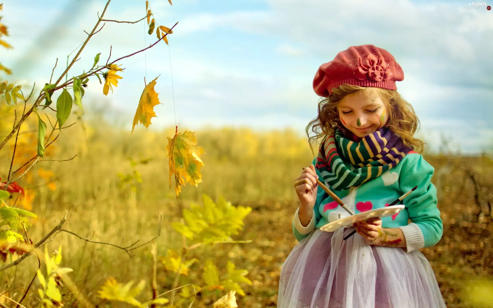 small, Leaf, Paints, girl