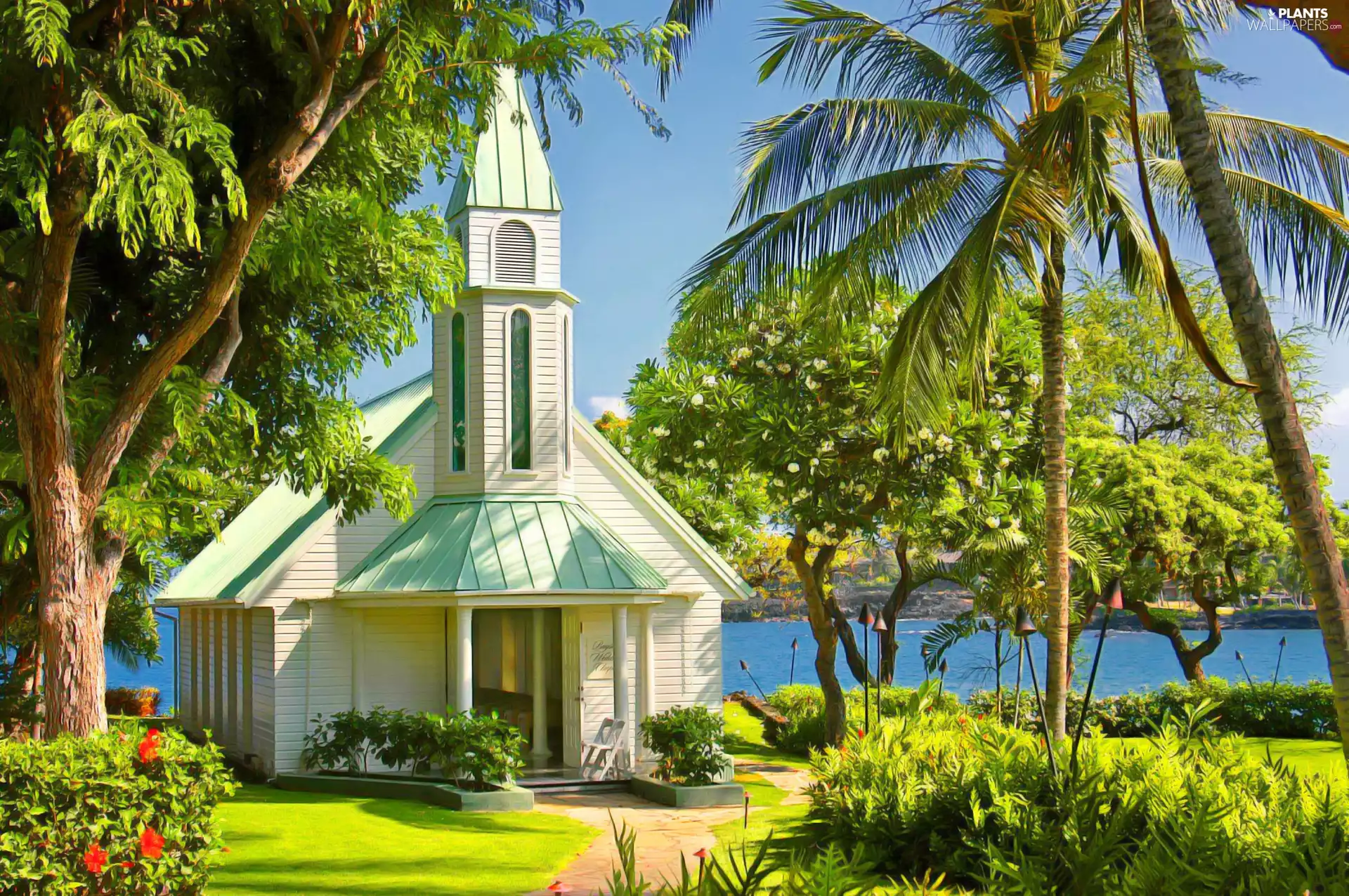 Palms, Church, lake
