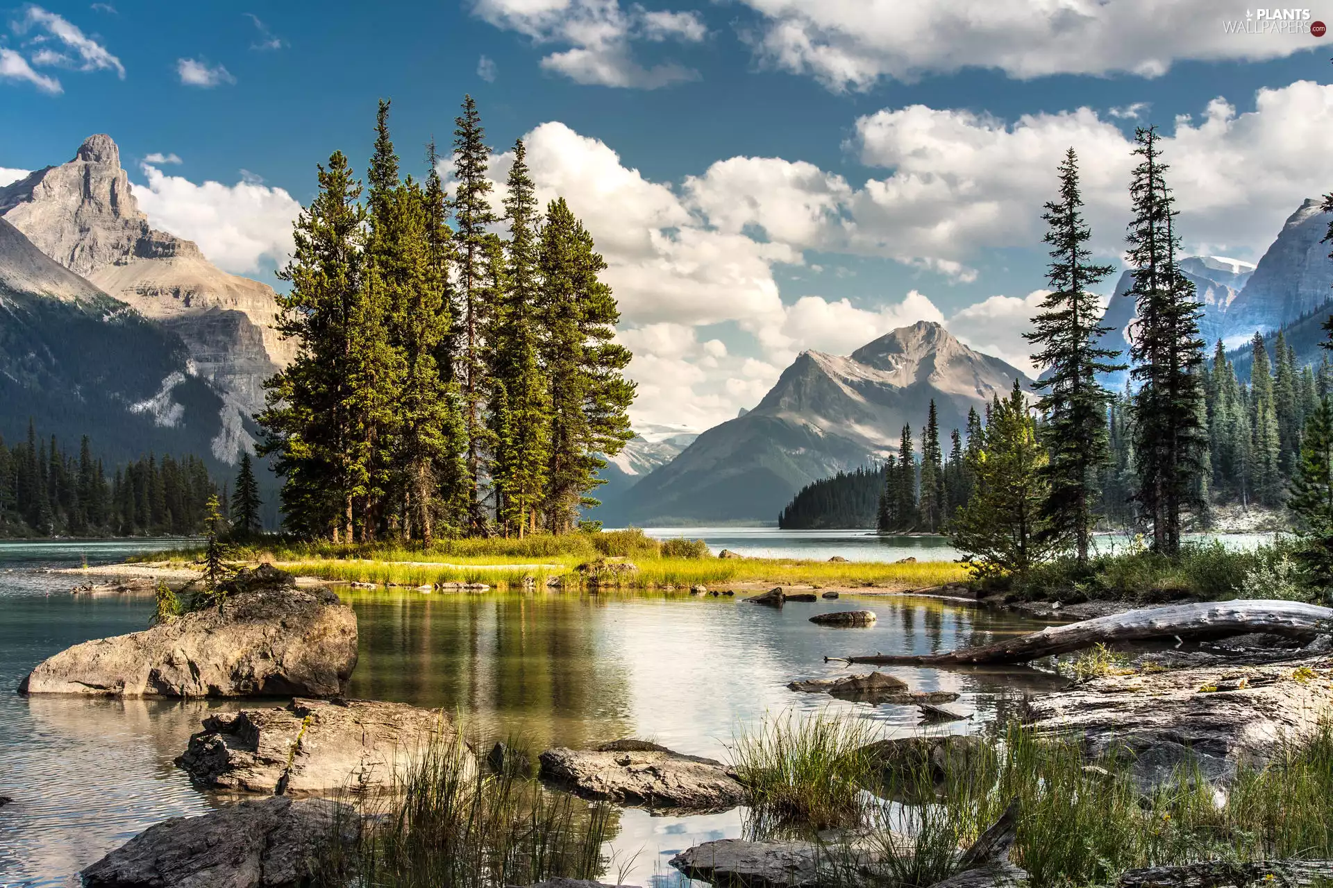 Stones, Maligne Lake, clouds, Alberta, trees, Jasper National Park, Spirit Island, Canada, Mountains, viewes