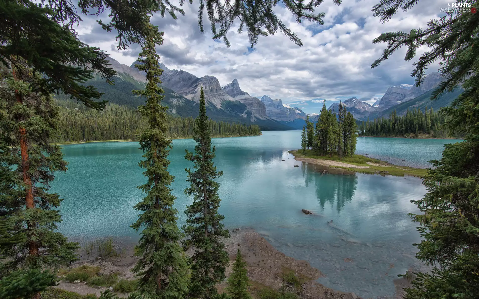 Mountains, Maligne Lake, trees, Alberta, viewes, Jasper National Park, Spirit Island, Canada, clouds, woods