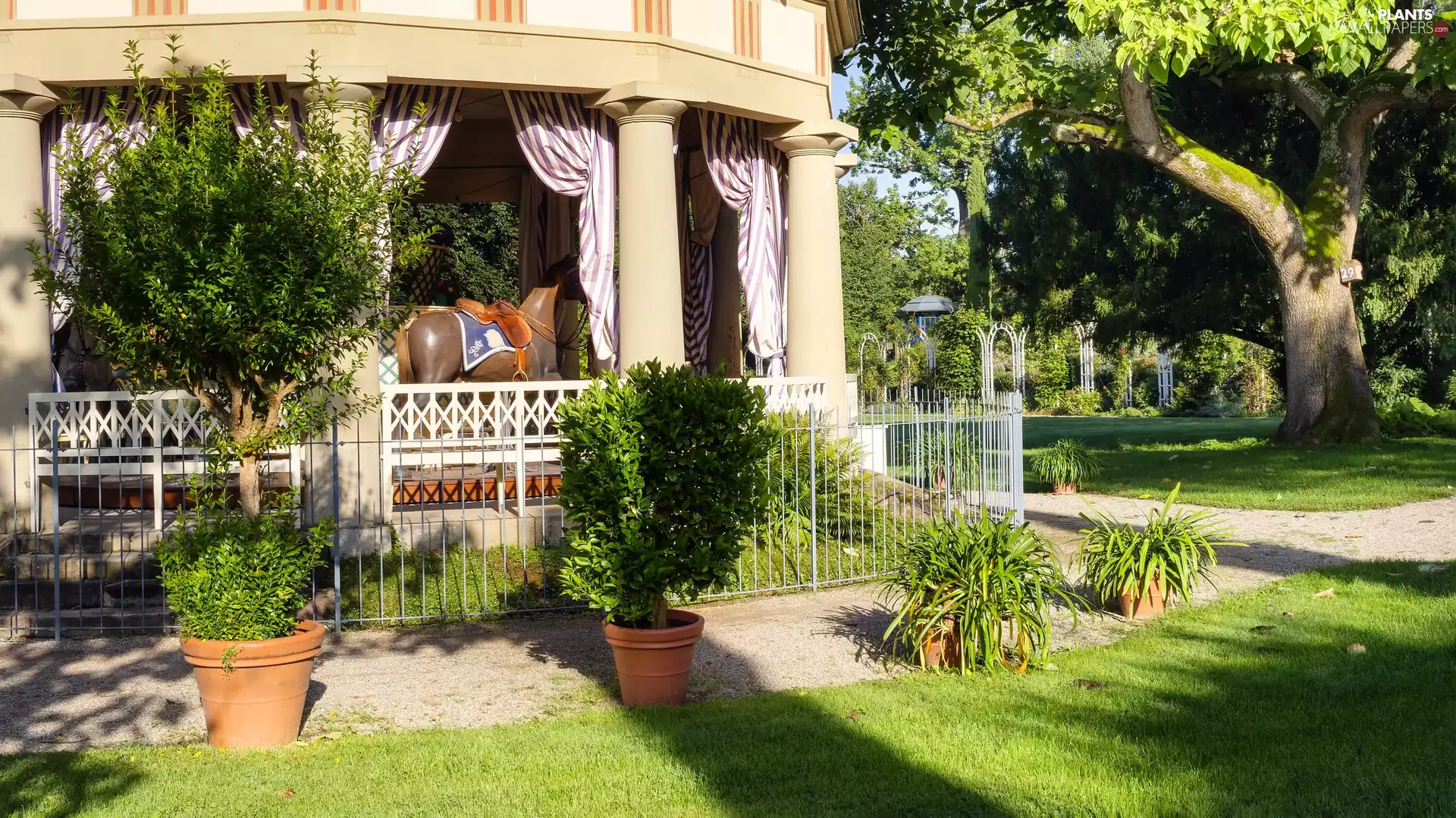 trees, pavilion, Plants, Park, carousel, viewes, Pots