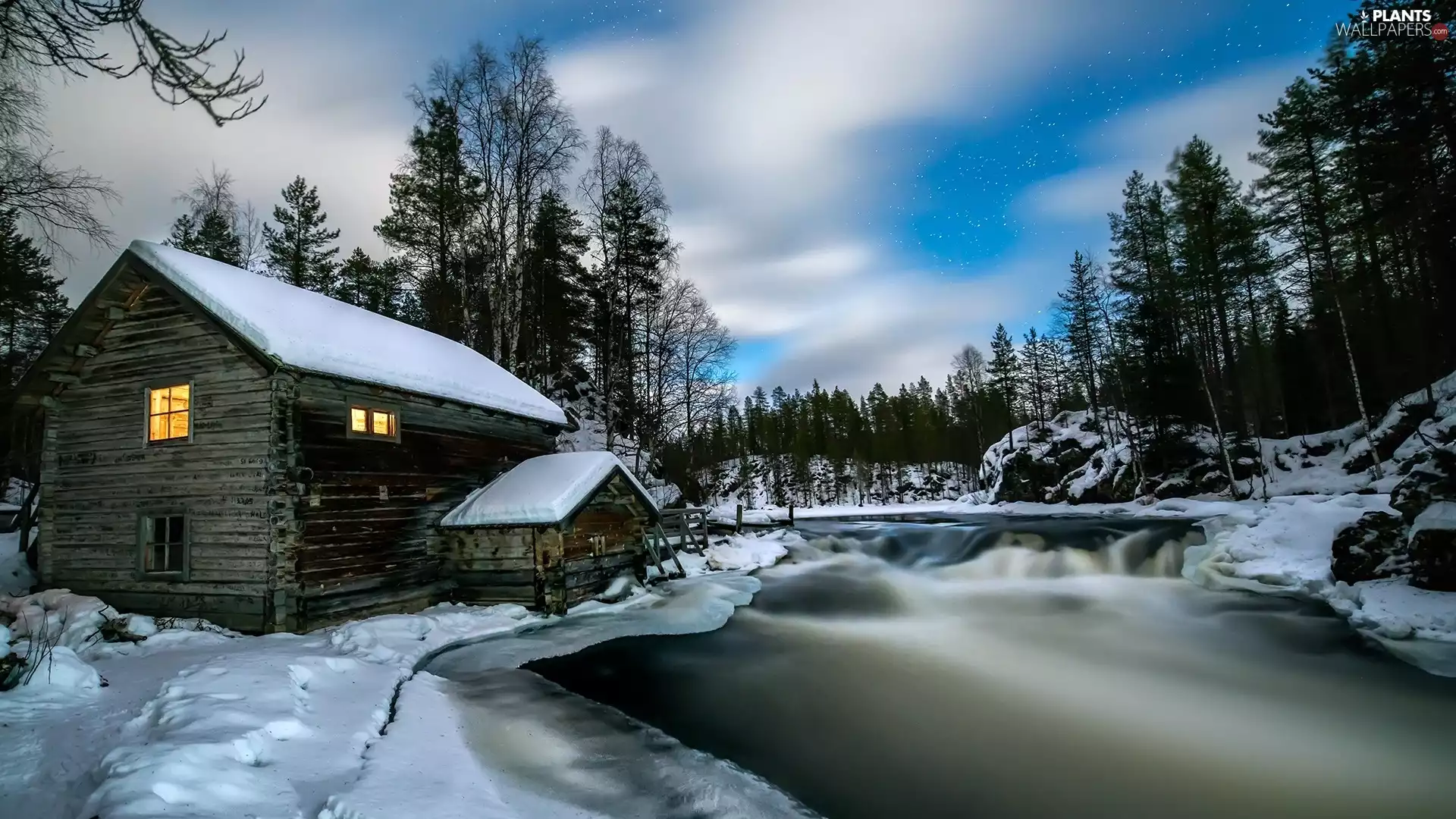 viewes, Myllykoski Mill, clouds, winter, Oulanka National Park, Finland, Lapland, trees, River, Kuusamo Municipality, star