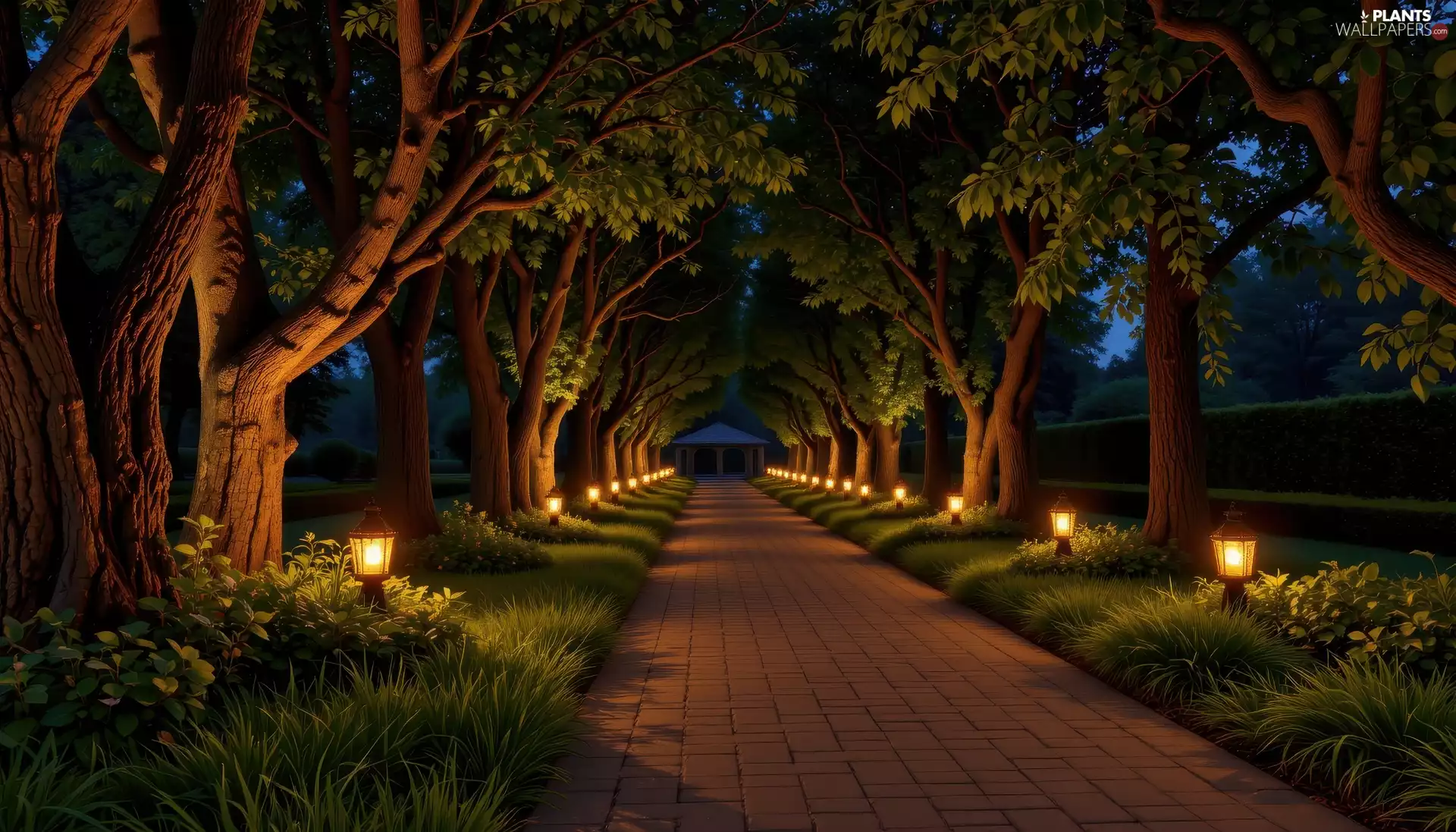 Night, Park, trees, viewes, lanterns