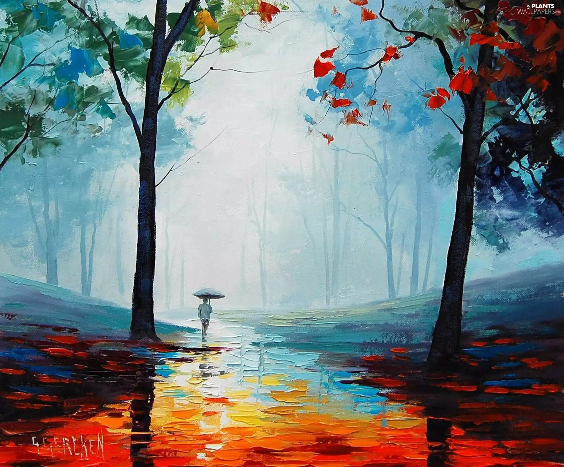 Passerby, picture, trees, Park, painting, Umbrella, viewes