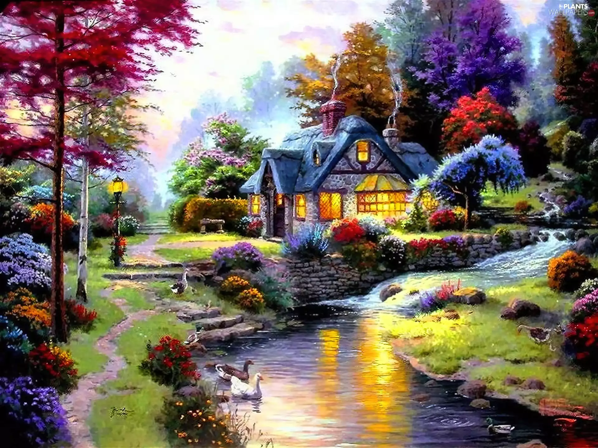 viewes, Path, River, trees, house