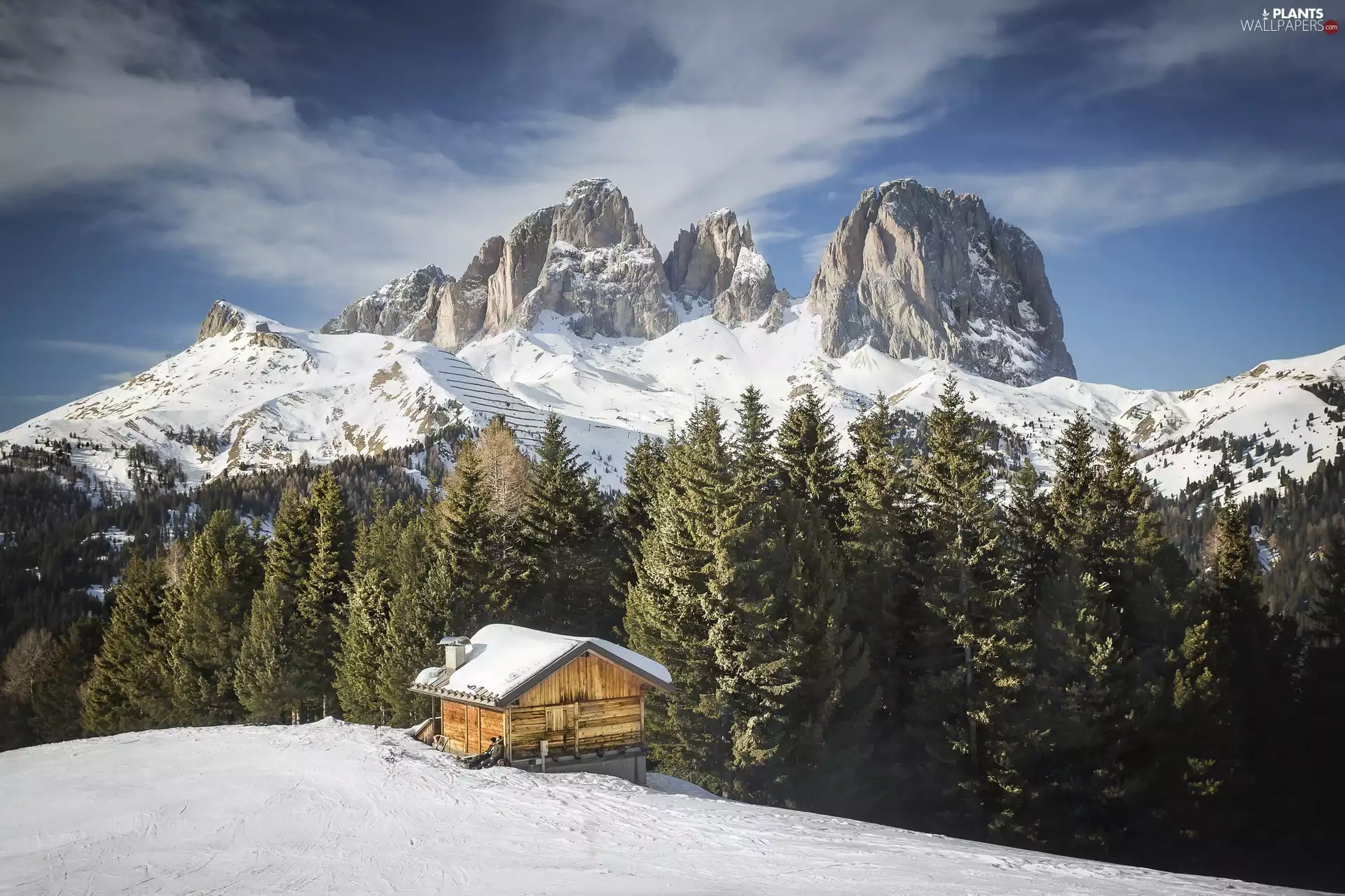 peaks, Mountains, snow, house, viewes, winter, forest, trees, cottage