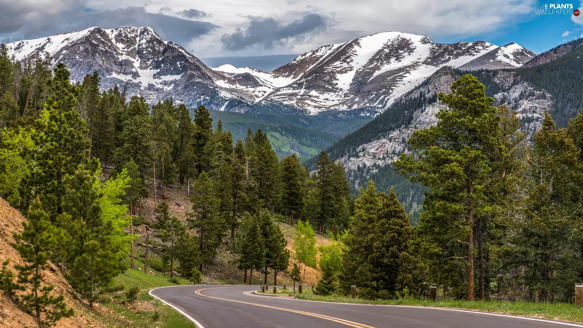 Way, Snowy, viewes, peaks, Mountains, trees, clouds