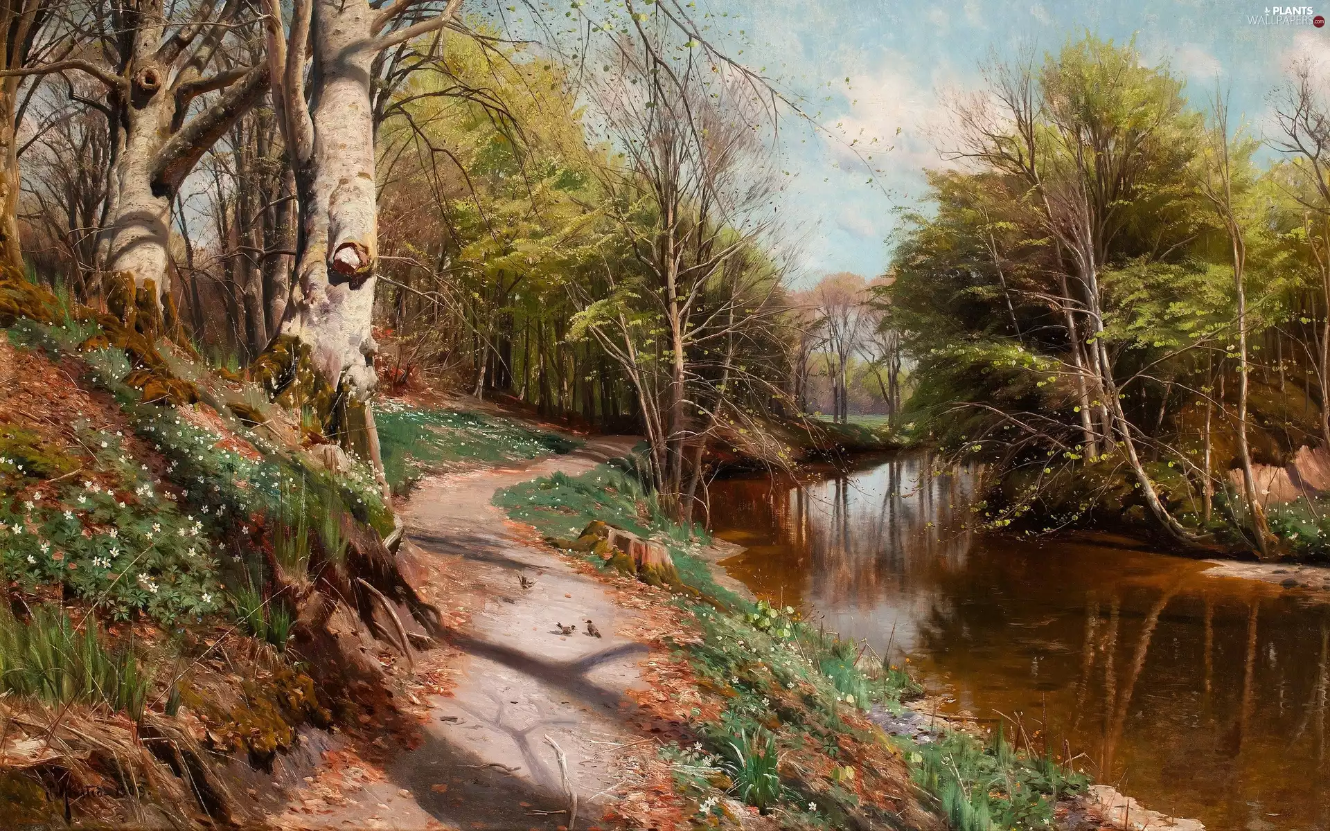 trees, River, painting, Peder Monsted, viewes, Way