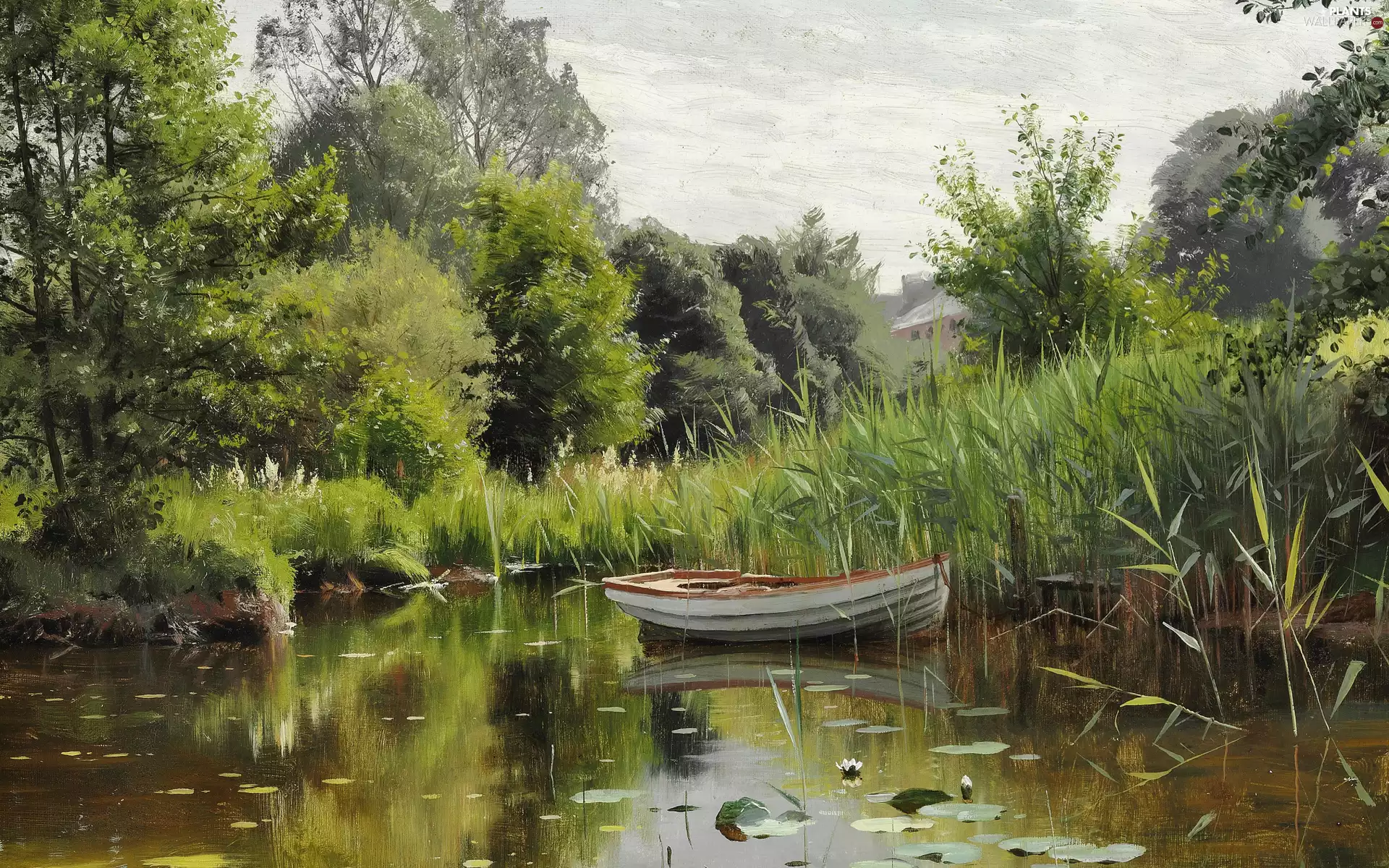 Peder Monsted, trees, rushes, viewes, Boat, picture, painting, lake