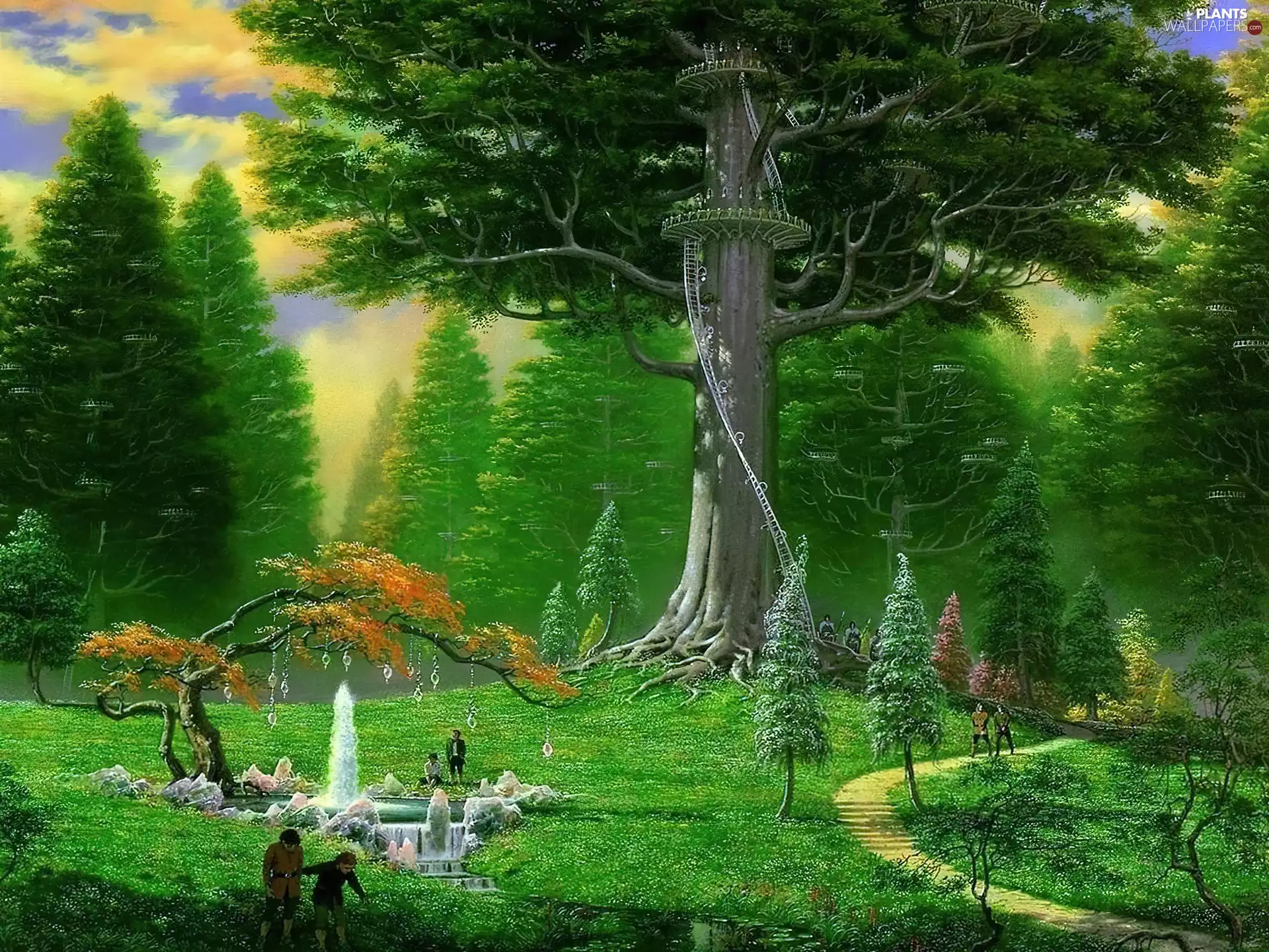 forest, People, trees, Stairs, Great