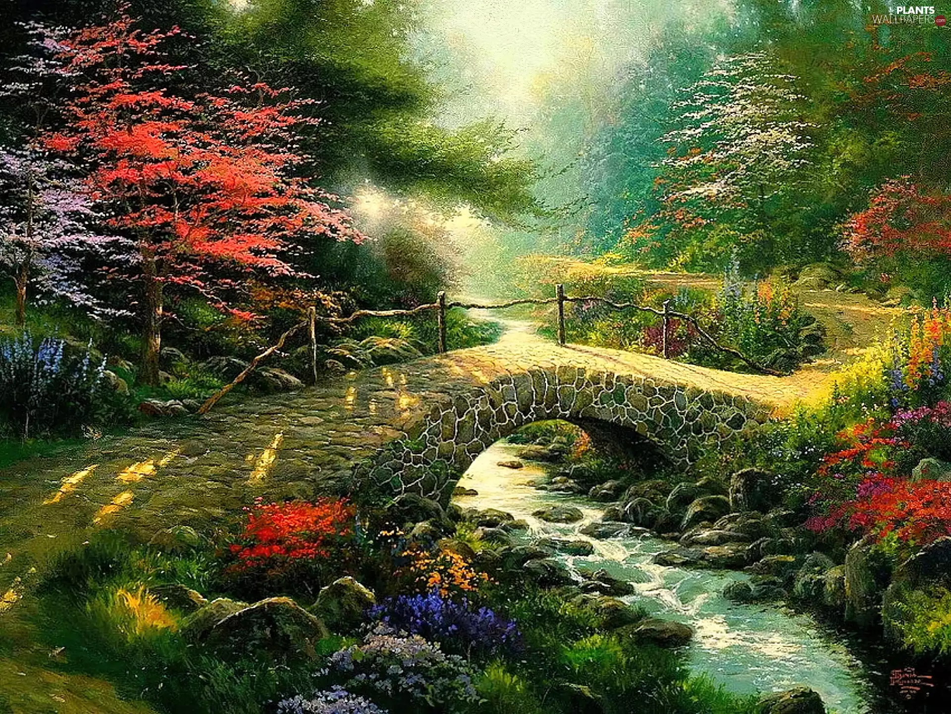 Flowers, brook, viewes, picture, trees, bridge