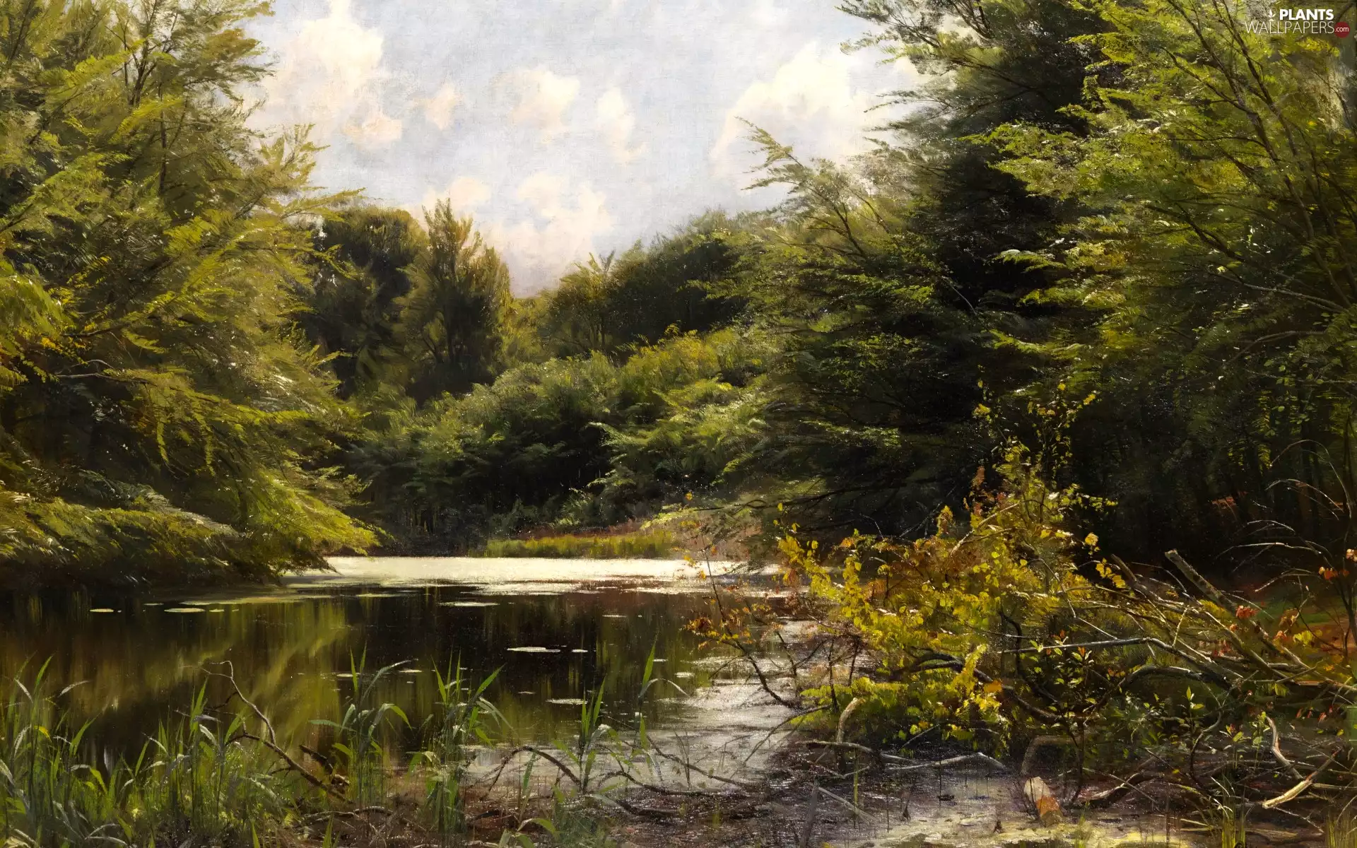 picture, forest, scrub, trees, River, painting, Peder Mork Monsted, viewes