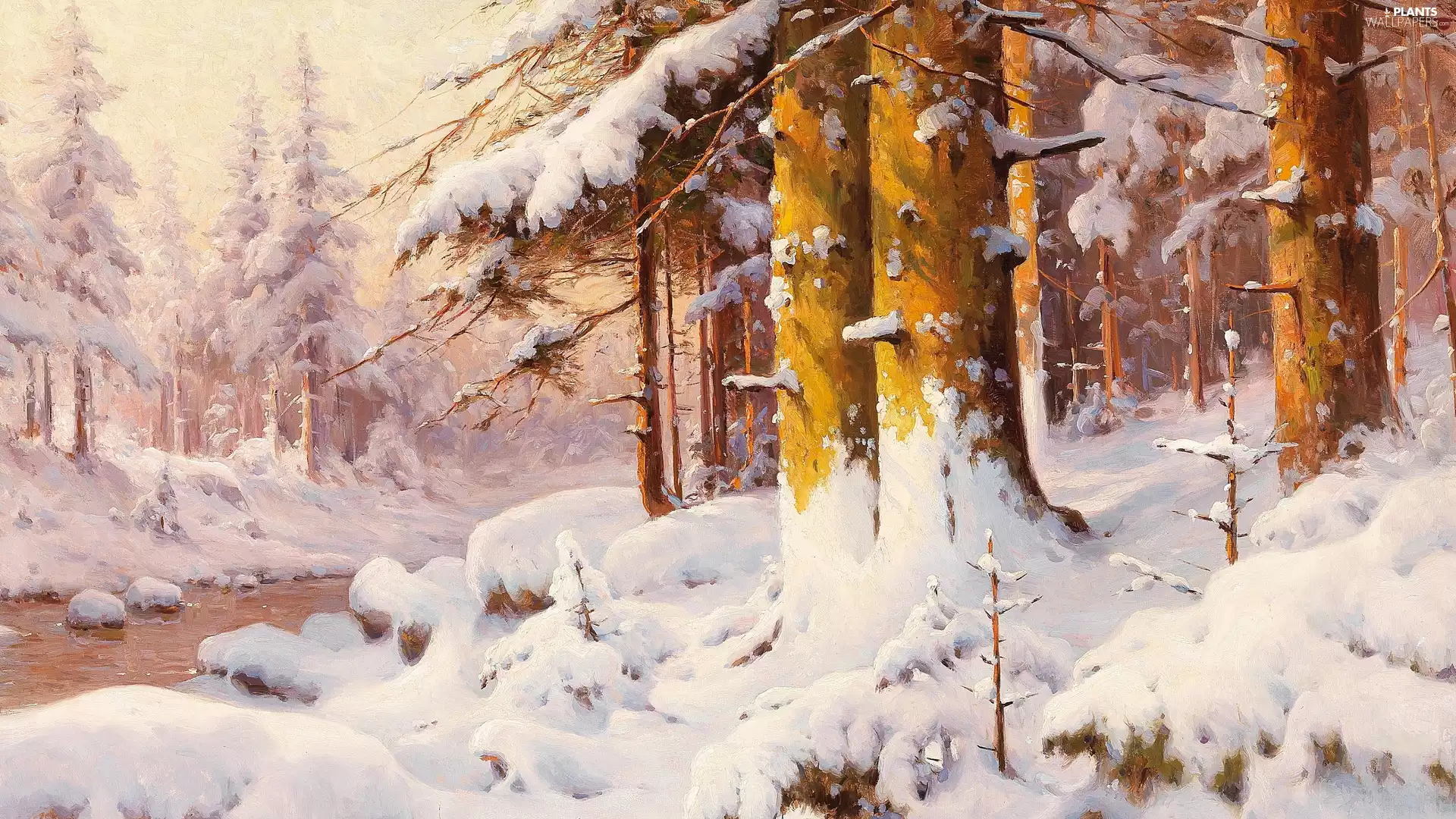 picture, painting, Walter Moras, winter, viewes, River, Snowy, trees, forest