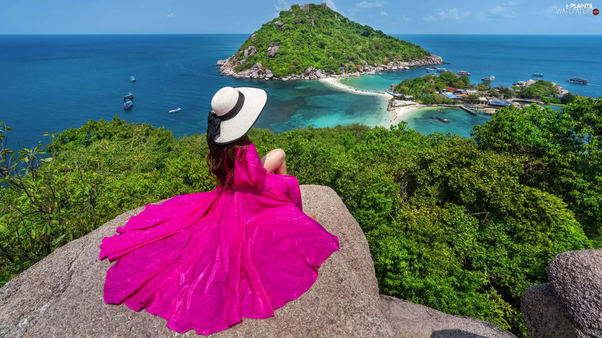 rocks, Hat, dress, Islands, trees, Women, Pink, Thailand, Andaman Sea, viewes