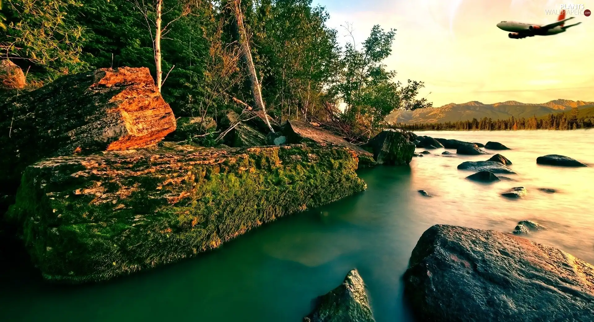 plane, River, rocks