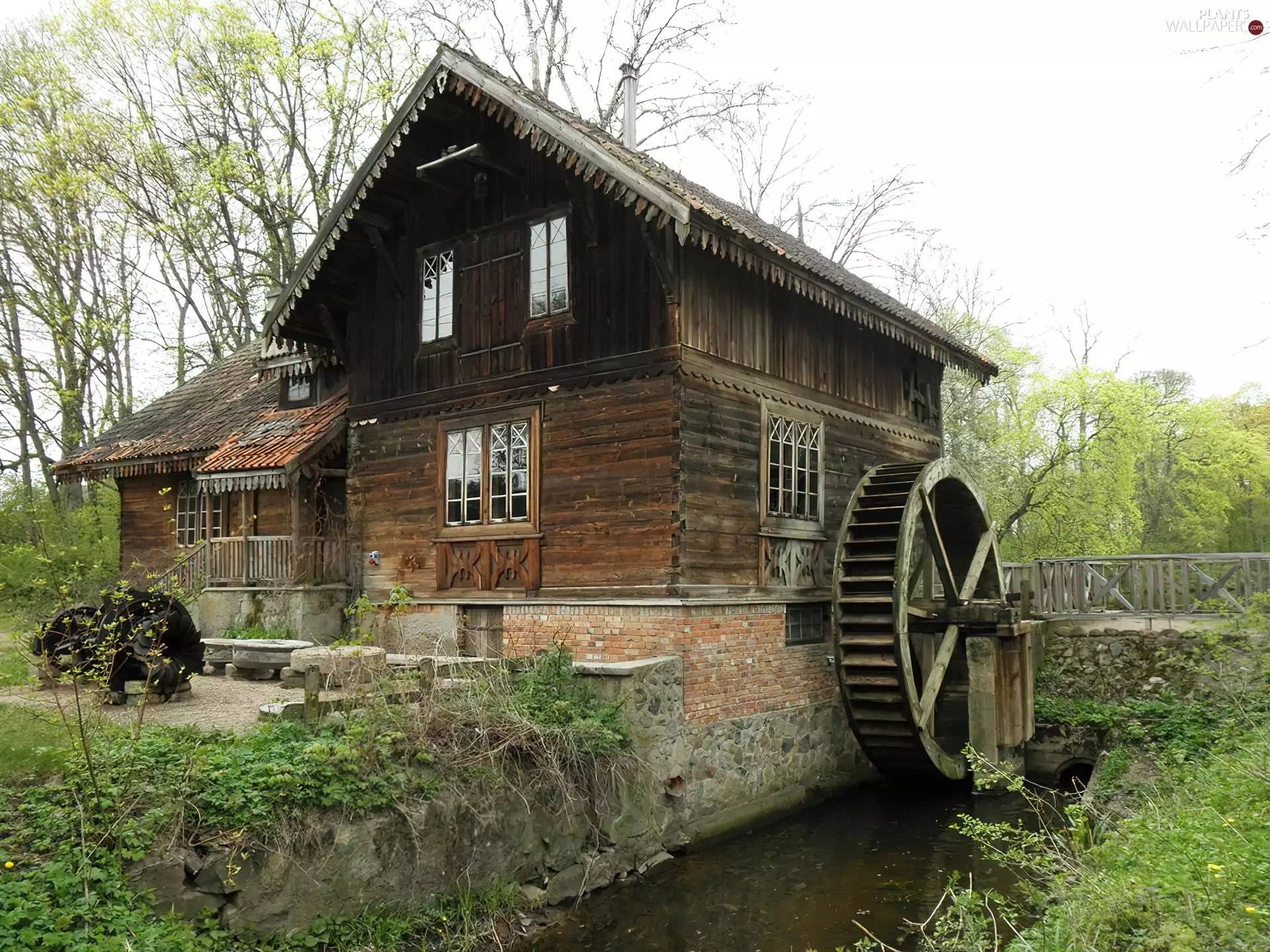 brook, Windmill, viewes, Plants, trees, water
