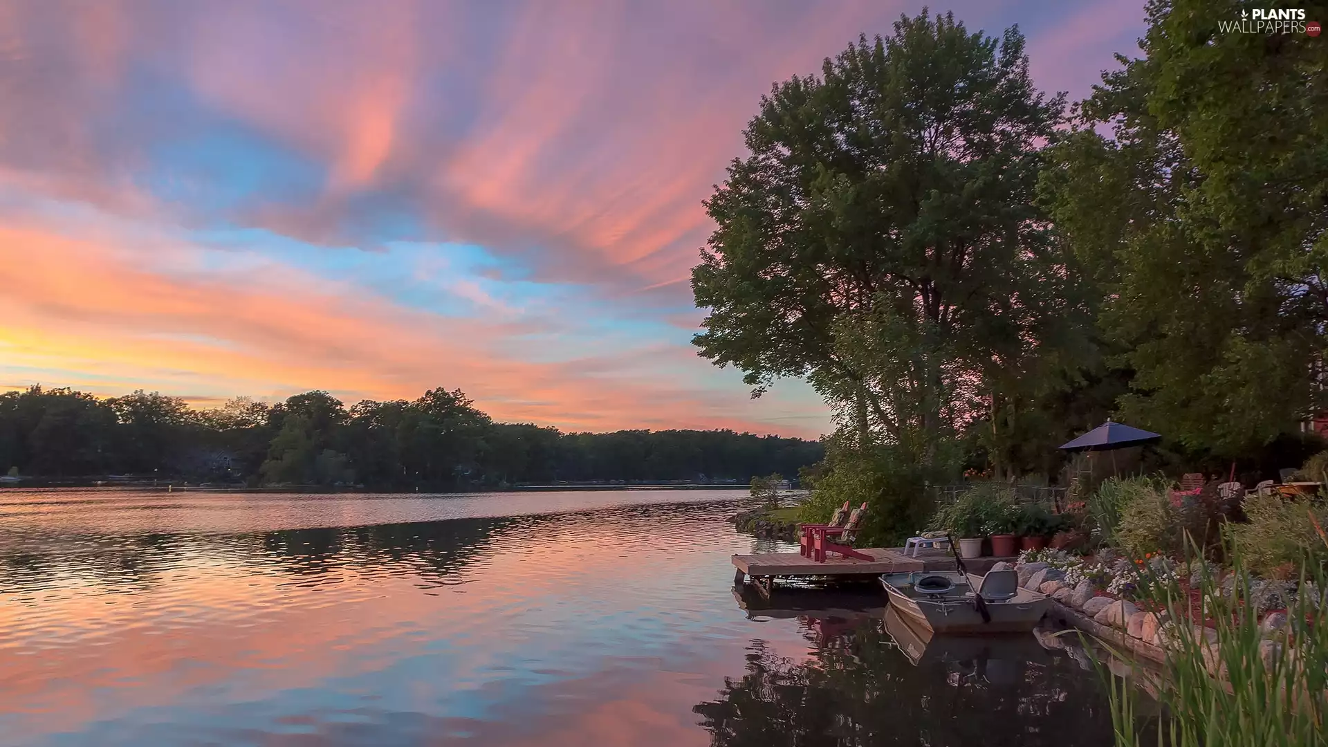 trees, viewes, Boat, Sunrise, Stool, lake, summer, Platform