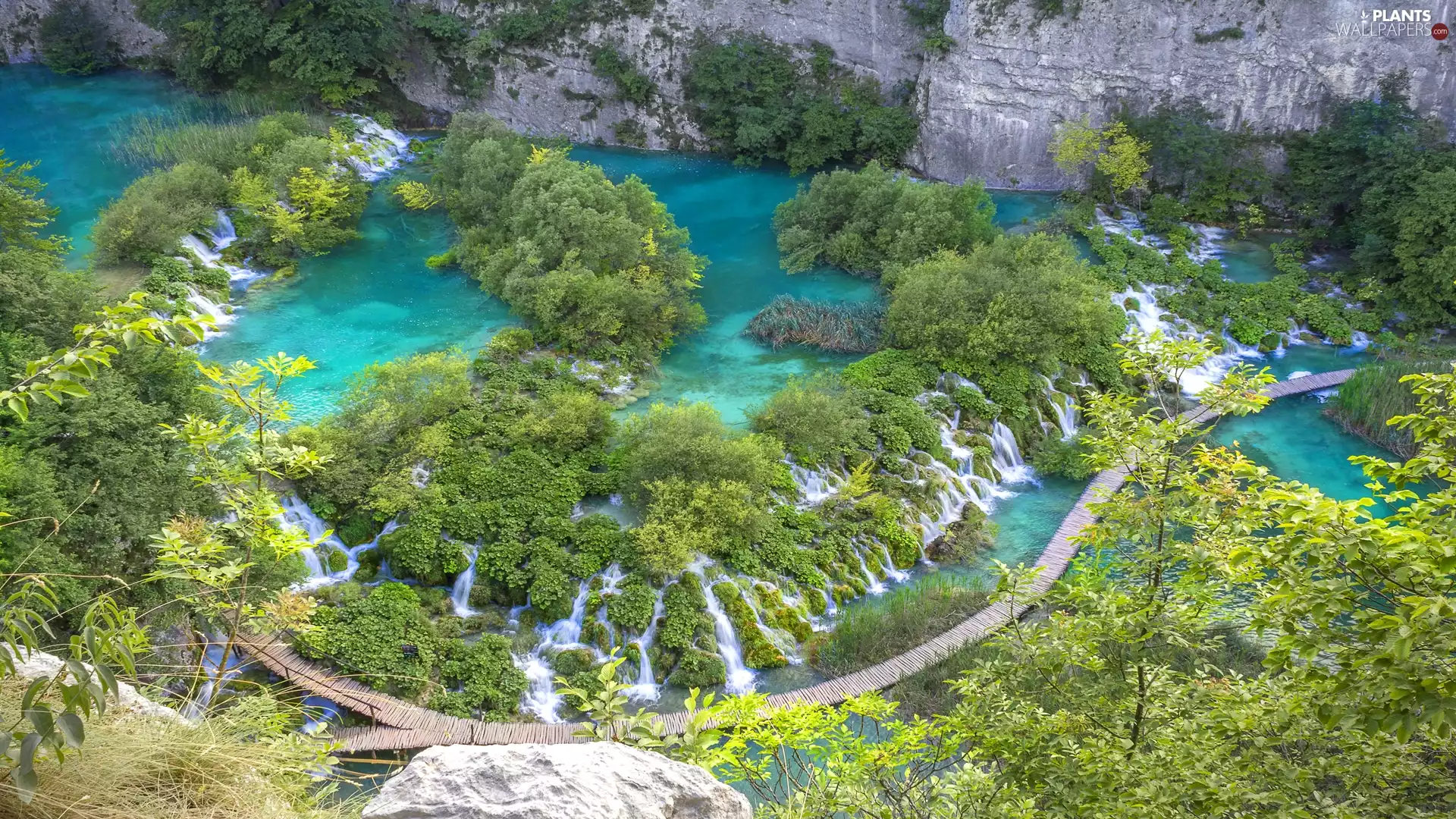 lakes, Coartia, trees, viewes, VEGETATION, Plitvice Lakes National Park, Platform, rocks, waterfalls