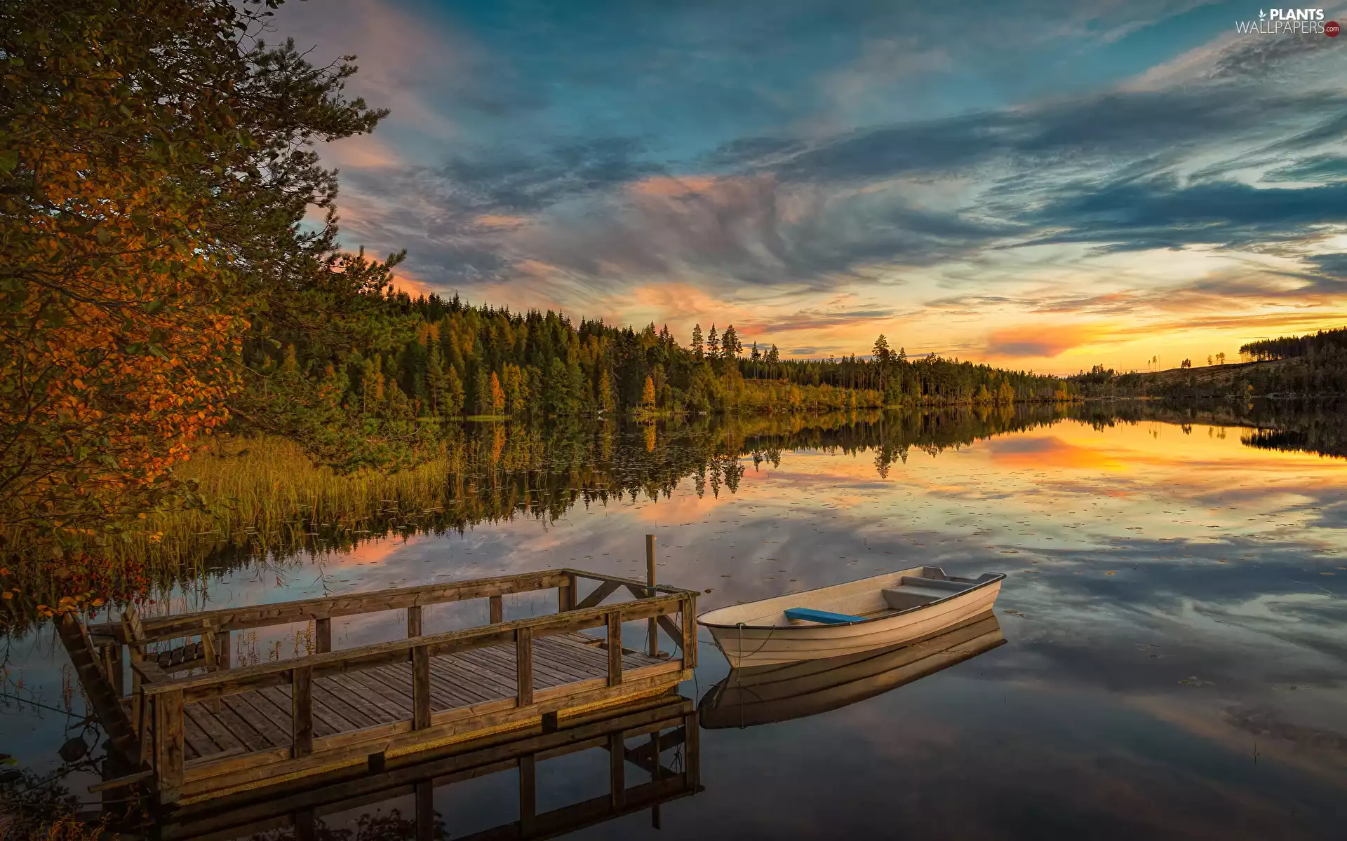 Platform, autumn, lake, Boat, clouds, Great Sunsets, trees, viewes, forest