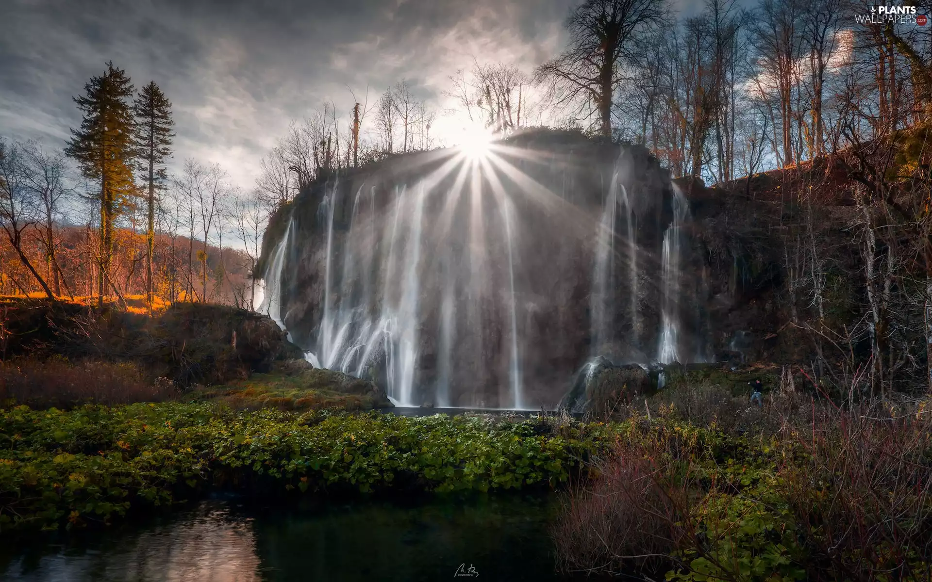 rays of the Sun, autumn, Coartia, trees, Plants, Plitvice Lakes National Park, waterfall, viewes