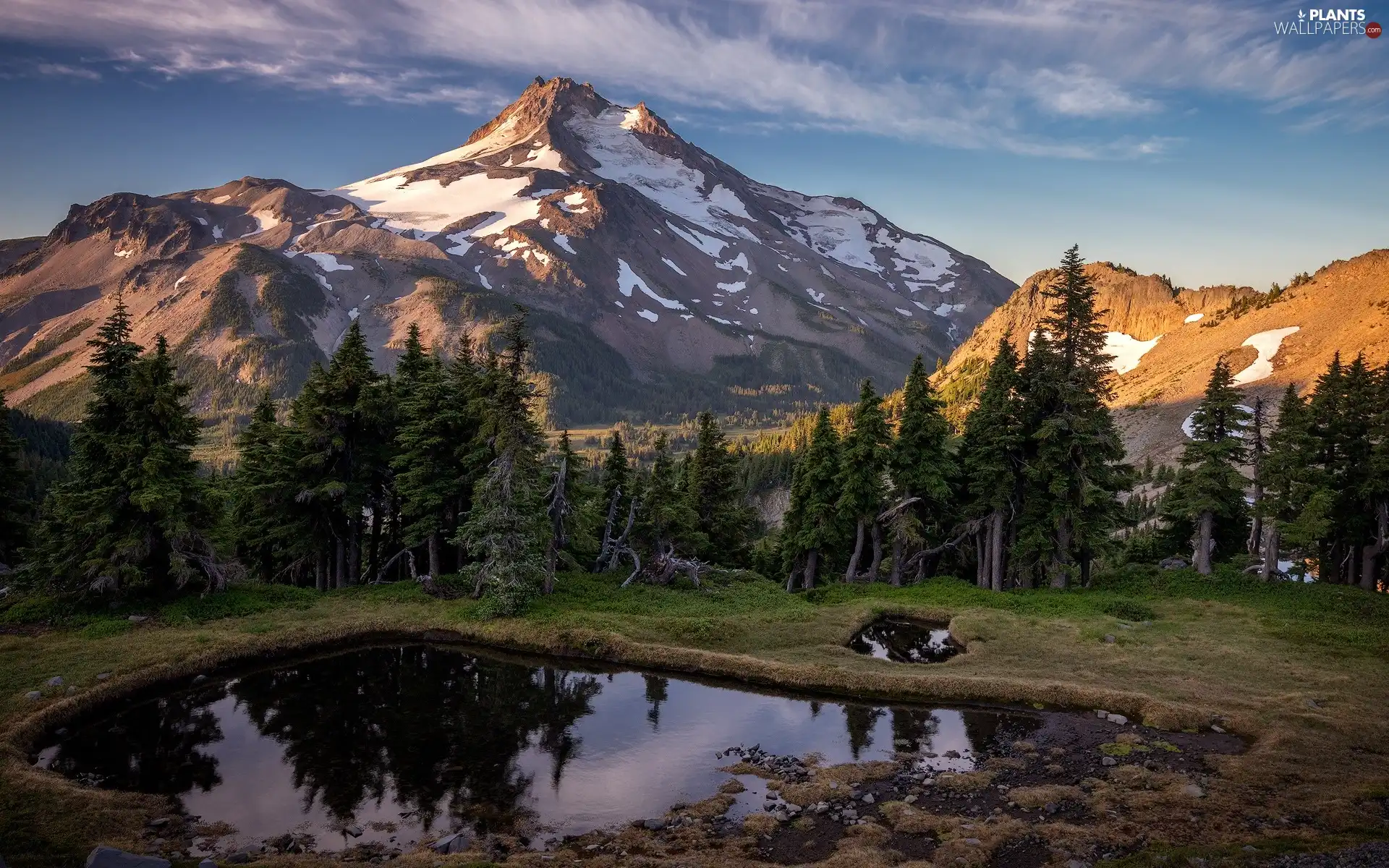 trees, Mountains, clouds, Pond - car, viewes, forest