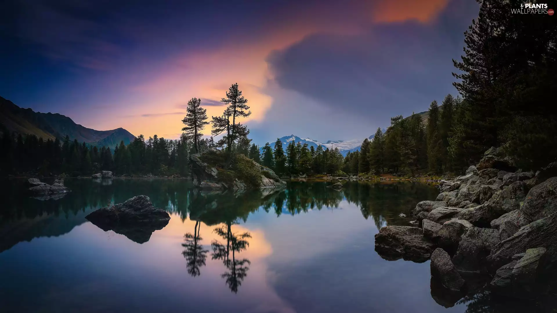 Lago Nero Lake, Mountains Swiss Alps, Stones, trees, reflection, Pontresina, Switzerland, viewes