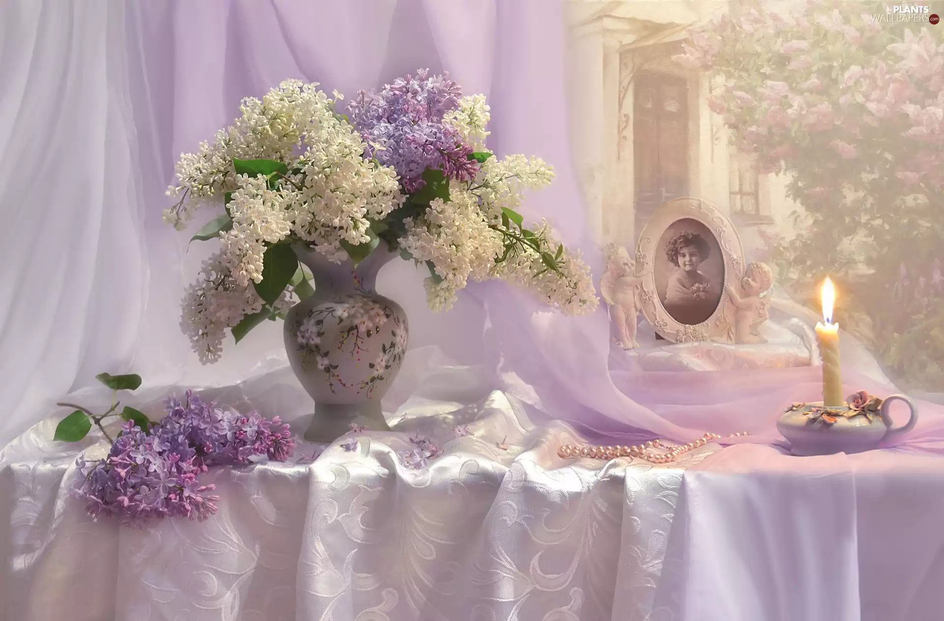 bouquet, Vase, Candle, frame, candlestick, without, Flowers, portrait