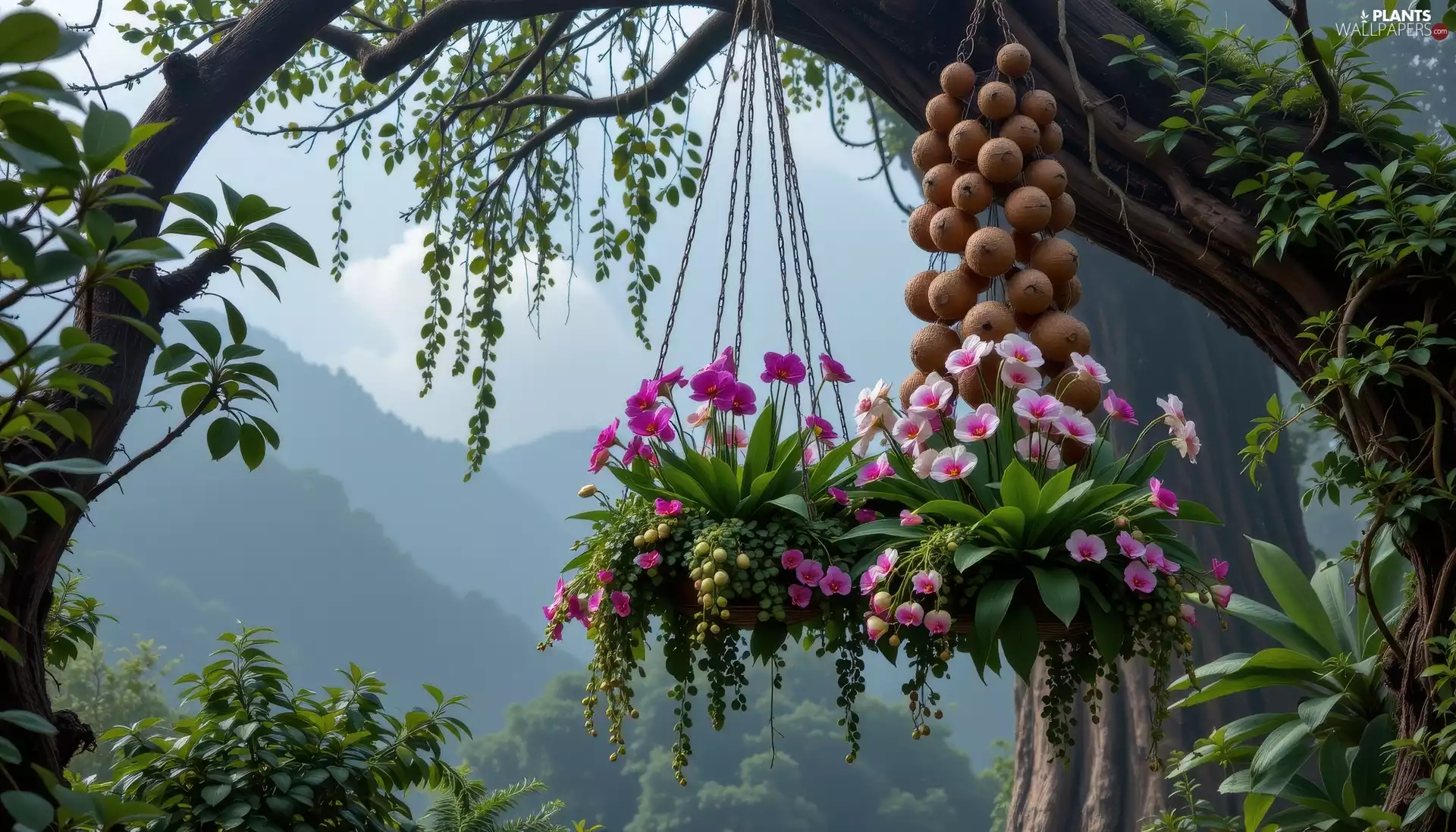 orchids, trees, Mountains, Pots